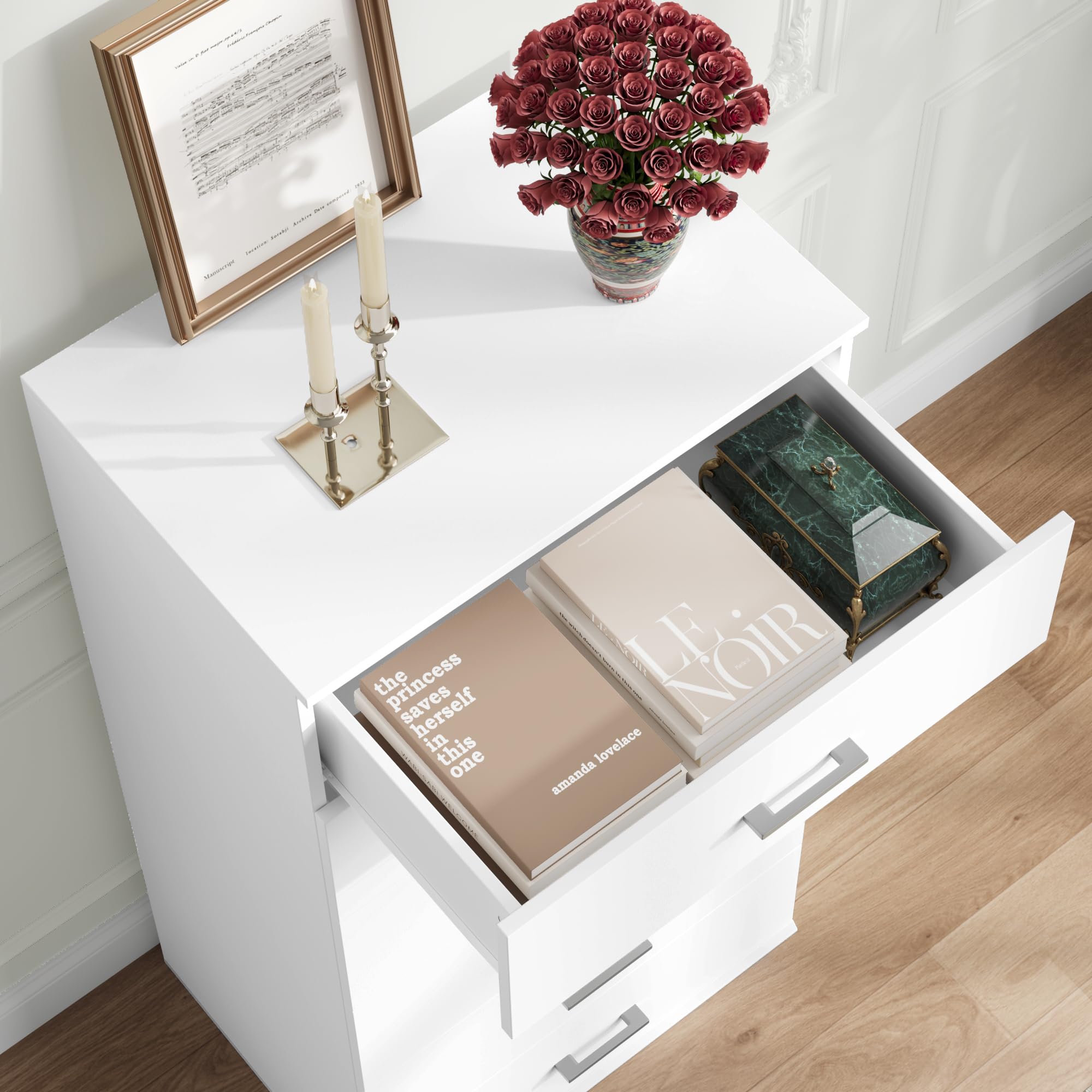FOTOSOK 6-Drawer White Dresser - Modern Tall Chest of Drawers with Metal Handles, 23.6