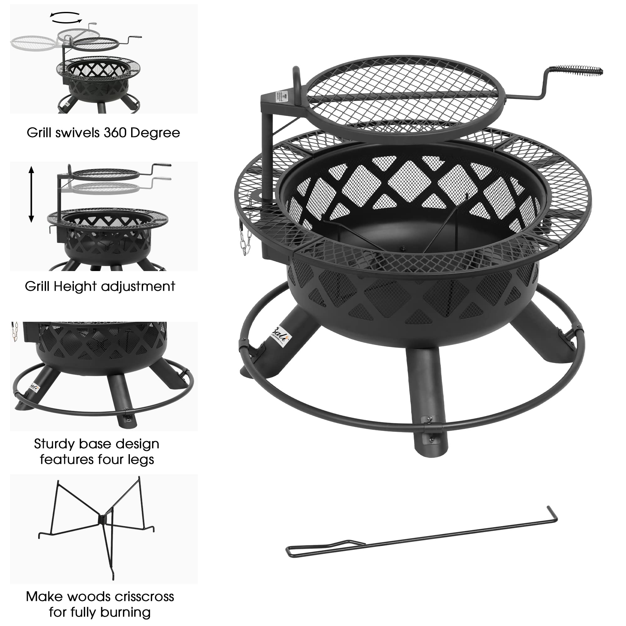 BALI OUTDOORS 32-Inch Wood Burning Fire Pit with Poker & Grill - Heavy Duty Steel Outdoor Fire Pit for Patio, Backyard, Camping - Perfect for Roasting Marshmallows & Outdoor Gatherings