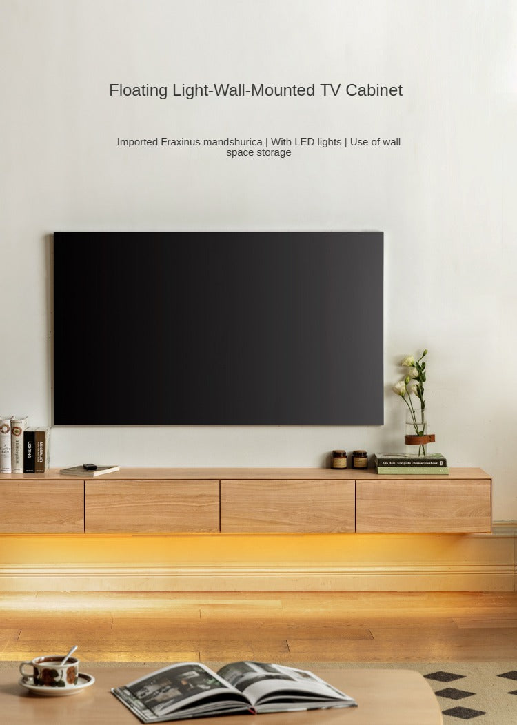 Oak Solid Wood TV Stand with Hanging LED Lights - Modern Entertainment Center for Living Room & Home Theater