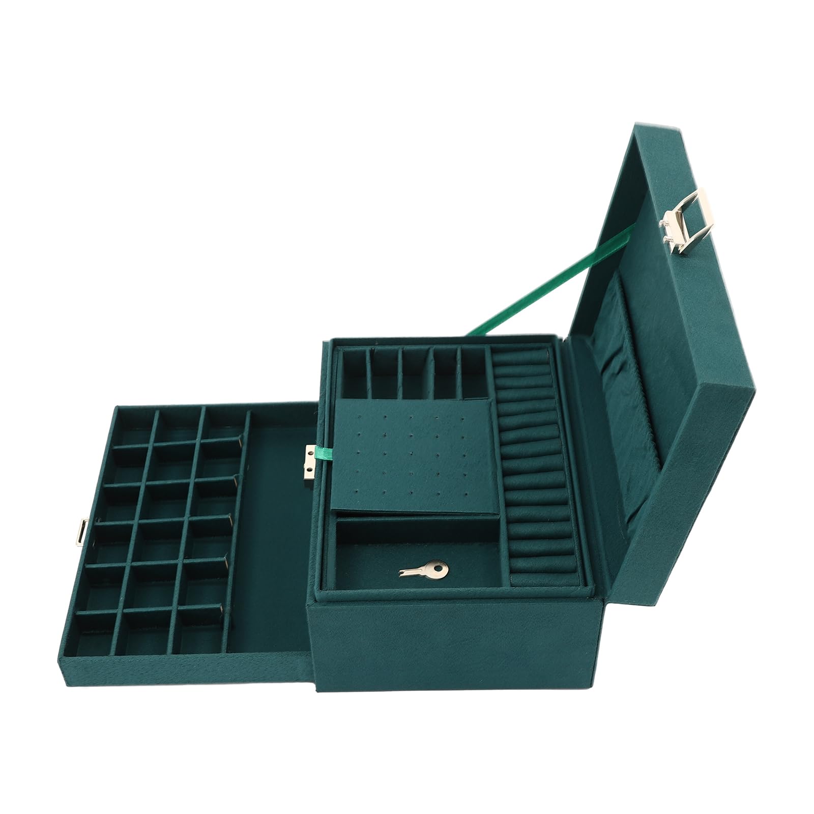 Elegant Green Flannel Jewelry Box with Lock - 3-Layer Organizer for Watches, Necklaces & Rings | Perfect Gift for Women, Travel & Home Storage