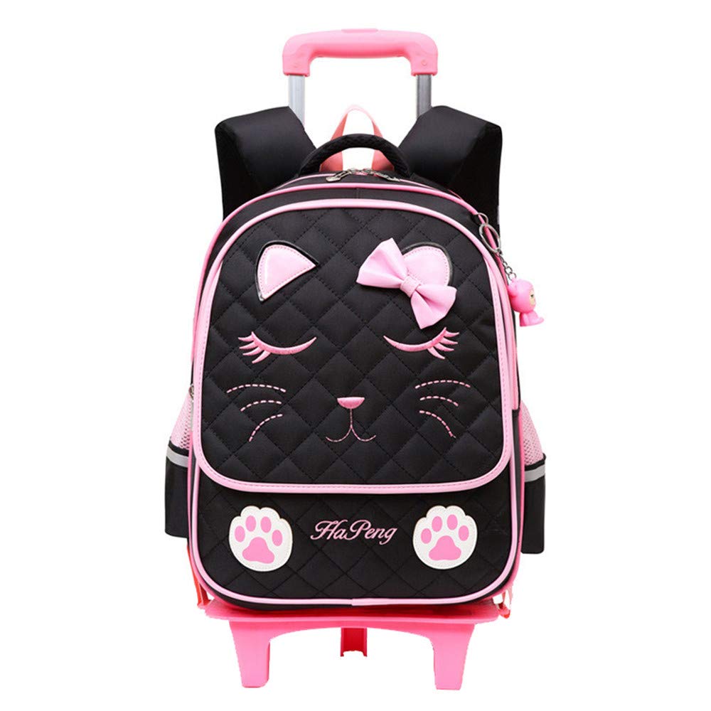 Cute Cat Face Rolling Backpack for Girls - MITOWERMI Wheeled School Bag with Bowknot Design, Kids Travel Luggage with 2 Wheels (Black) - Perfect for School, Travel, and Daily Commute