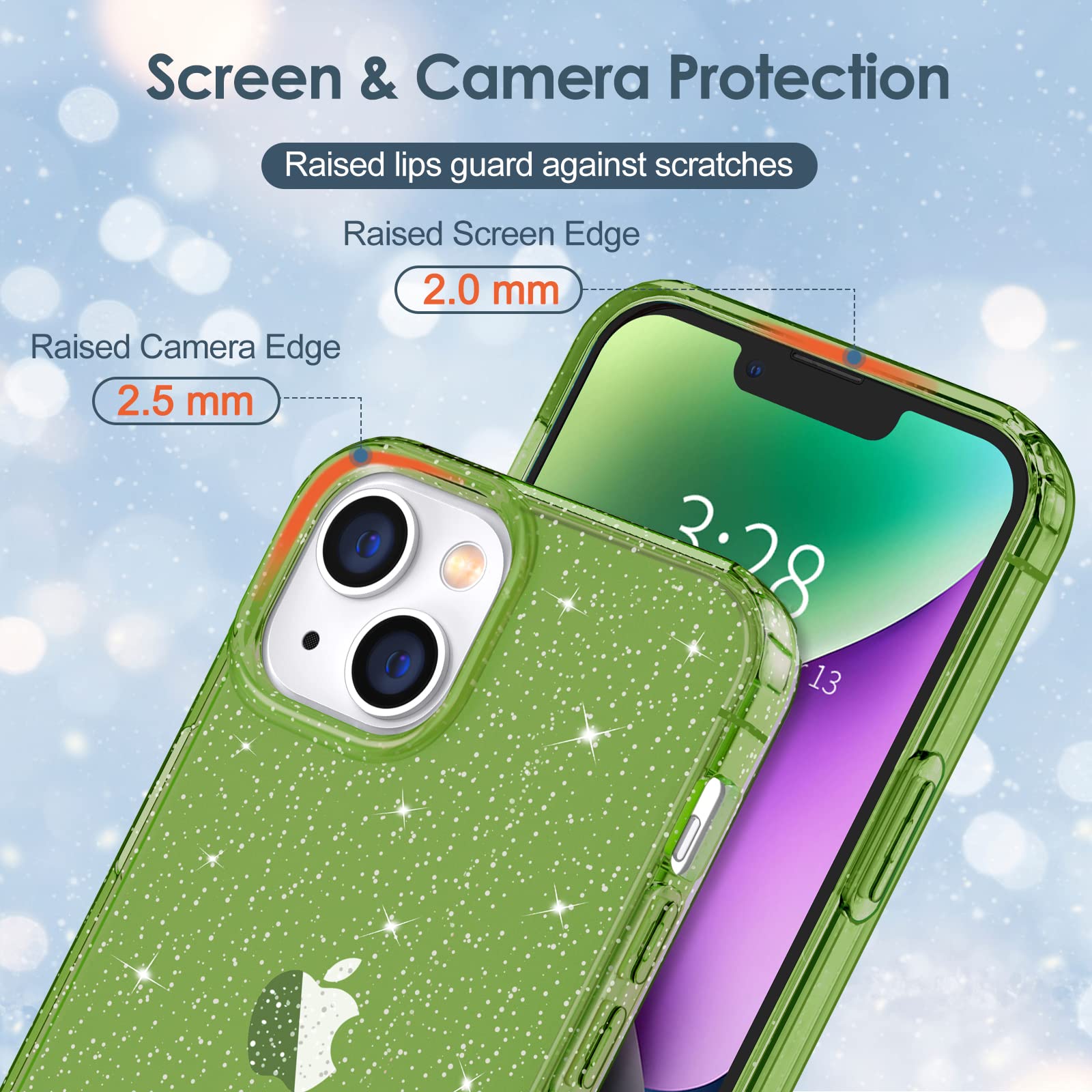Hython Glitter Case for iPhone 14 Plus - Sparkly Clear TPU Protective Phone Cover with Anti-Scratch & Shockproof Design | Slim Fit Cute Bling Case for Women (Pine Green Glitter) | Perfect for Everyday Use, Parties, and Gift Giving