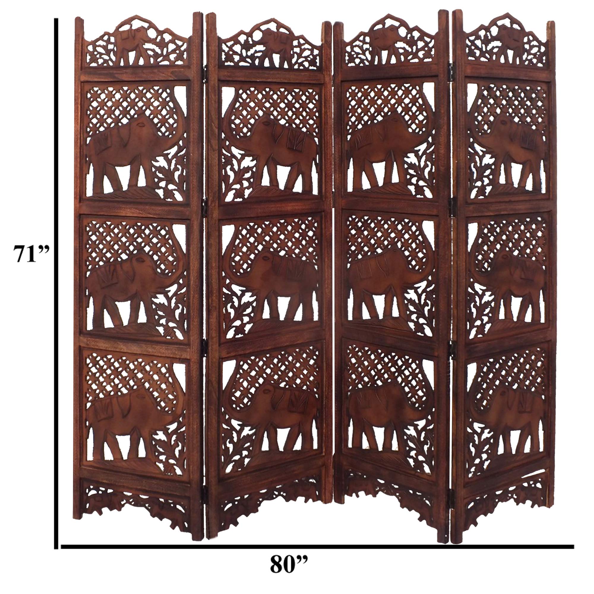 Hand Carved Elephant Design Foldable 4-Panel Wooden Room Divider - Brown Wood Partition Screen for Living Room, Bedroom & Office Decor | BM34823 by Benzara