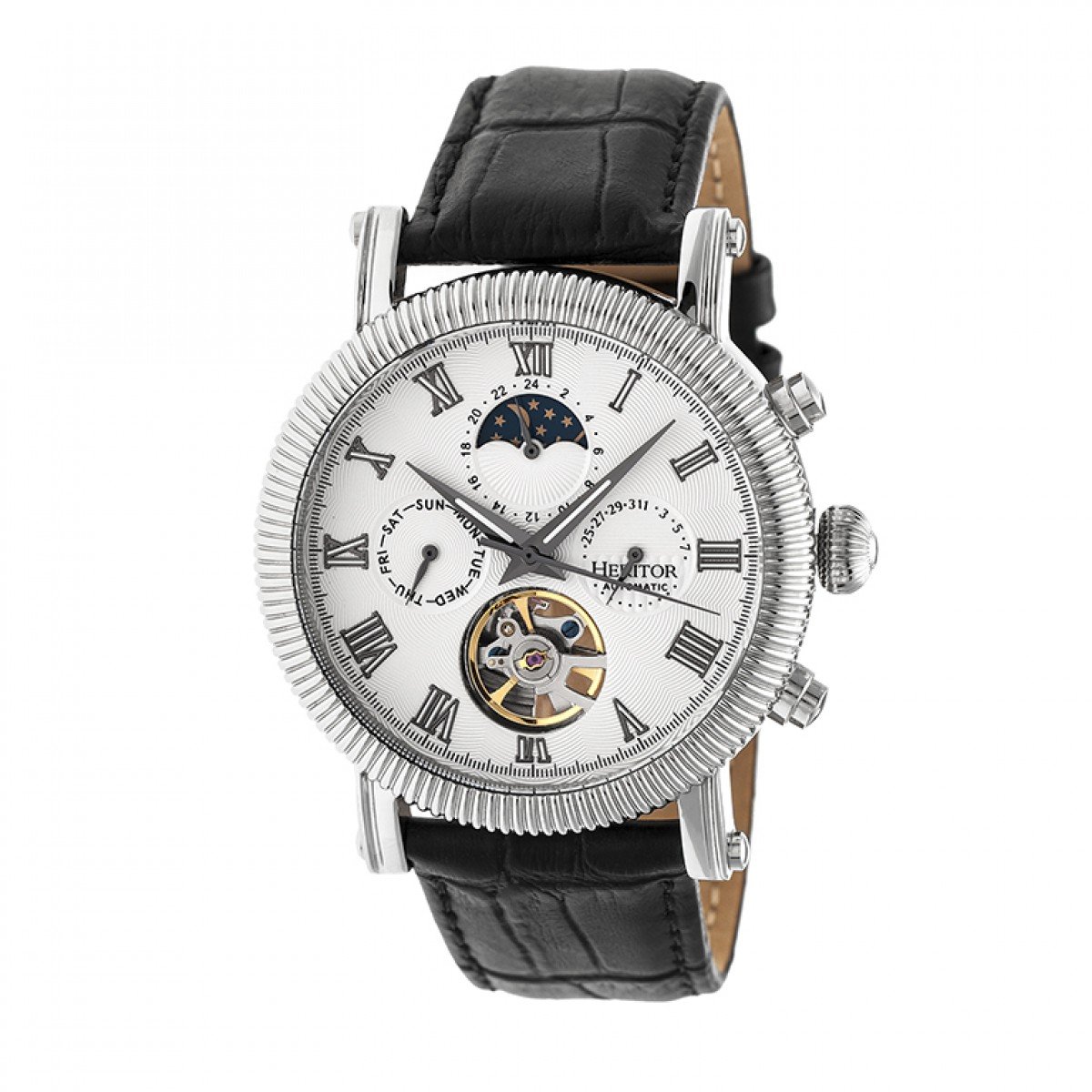 HERITOR Automatic Men's Winston Semi-Skeleton Watch - Stainless Steel & Leather Strap, Black (HERHR5201) | Self-Winding Mechanical Movement, Water Resistant, Perfect for Business, Casual & Formal Occasions