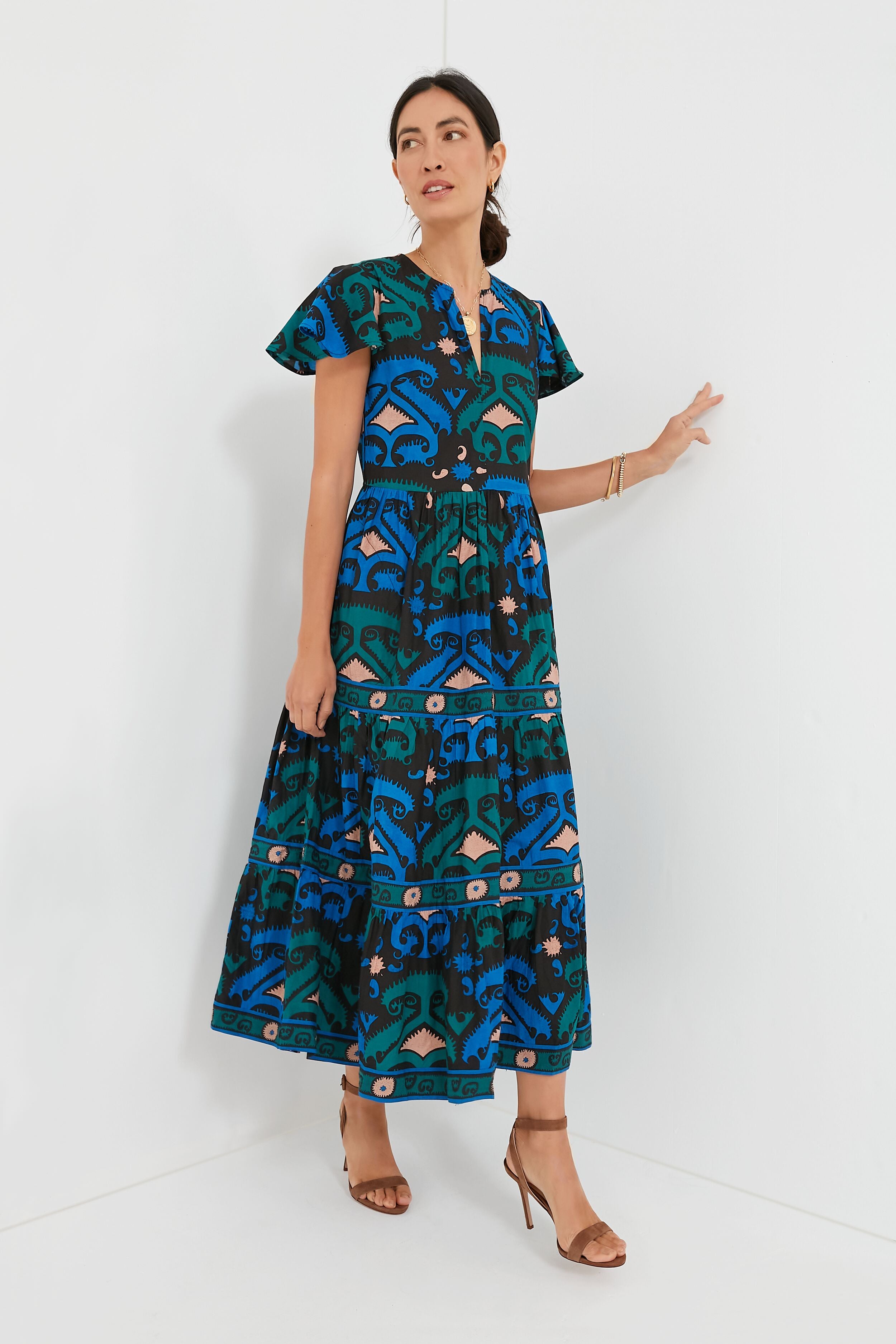 Stylish Blue Uzbek V-Neck Maxi Dress for Women - Elegant Long Flowy Summer Dress - Perfect for Beach Vacations, Parties & Casual Outings
