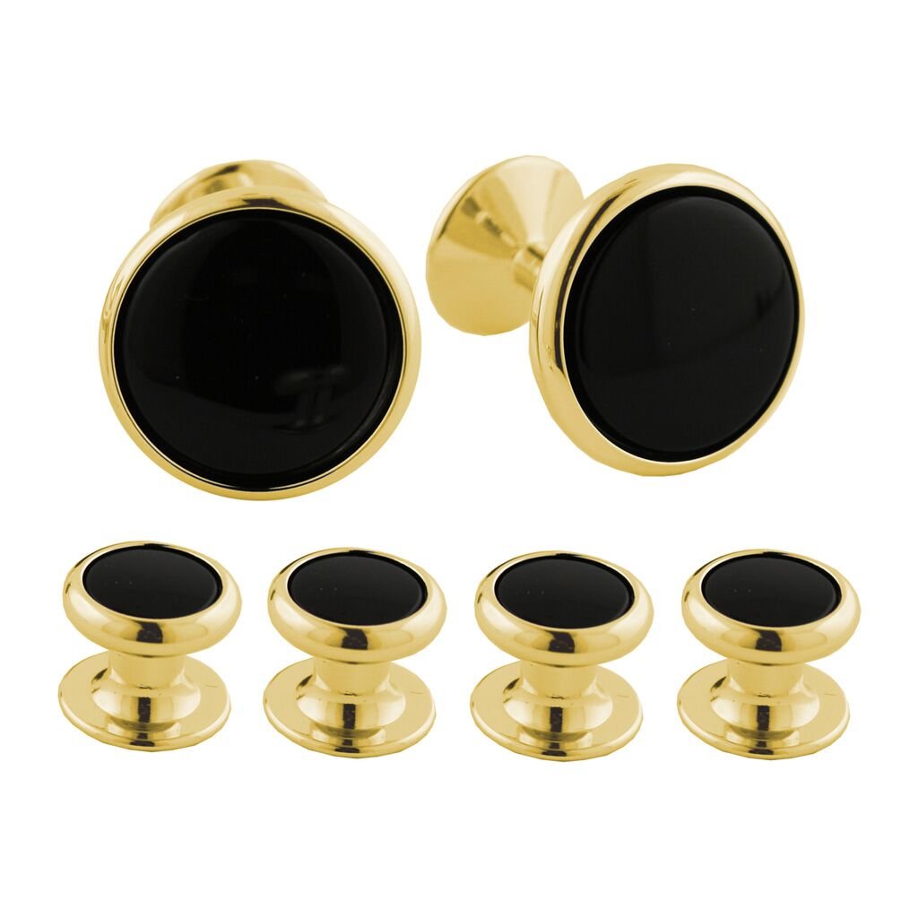 Elegant Brass and Onyx Cufflink & Shirt Stud Set for Men - Perfect for Weddings, Business Attire, and Formal Occasions