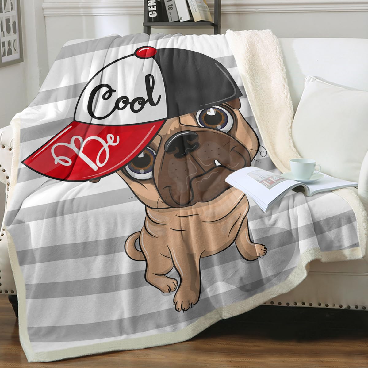 Sleepwish Reversible Pug Fleece Blanket - Gray Striped Sherpa Dog Blanket with Cap | Ultra Soft Cute Animal Throw for Couch, Bed & Chair | Twin Size 60x80 Inches | Perfect for Home Decor, Gift Giving & Cozy Winter Nights