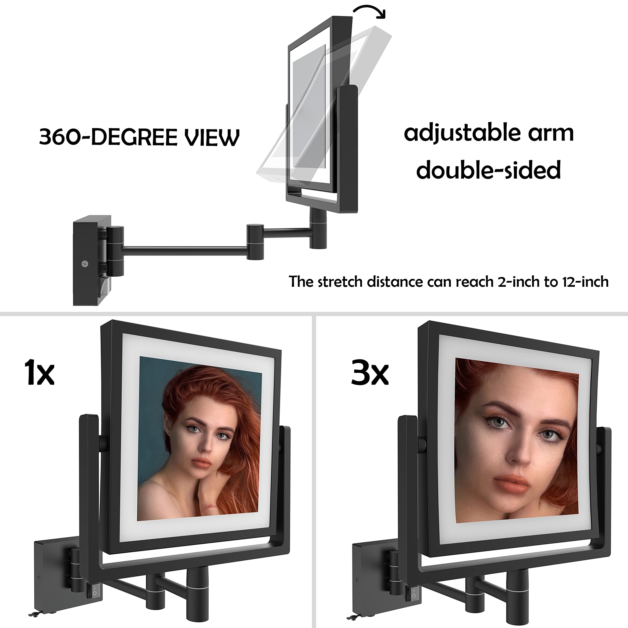 Rechargeable Makeup Mirror with Lights - 8 Inch Double Sided Vanity Mirror (1x/3x Magnification) - Matte Black, Stainless Steel & Zinc Alloy - Wall Mounted LED Magnifying Mirror for Bathroom, Bedroom, Dressing Room