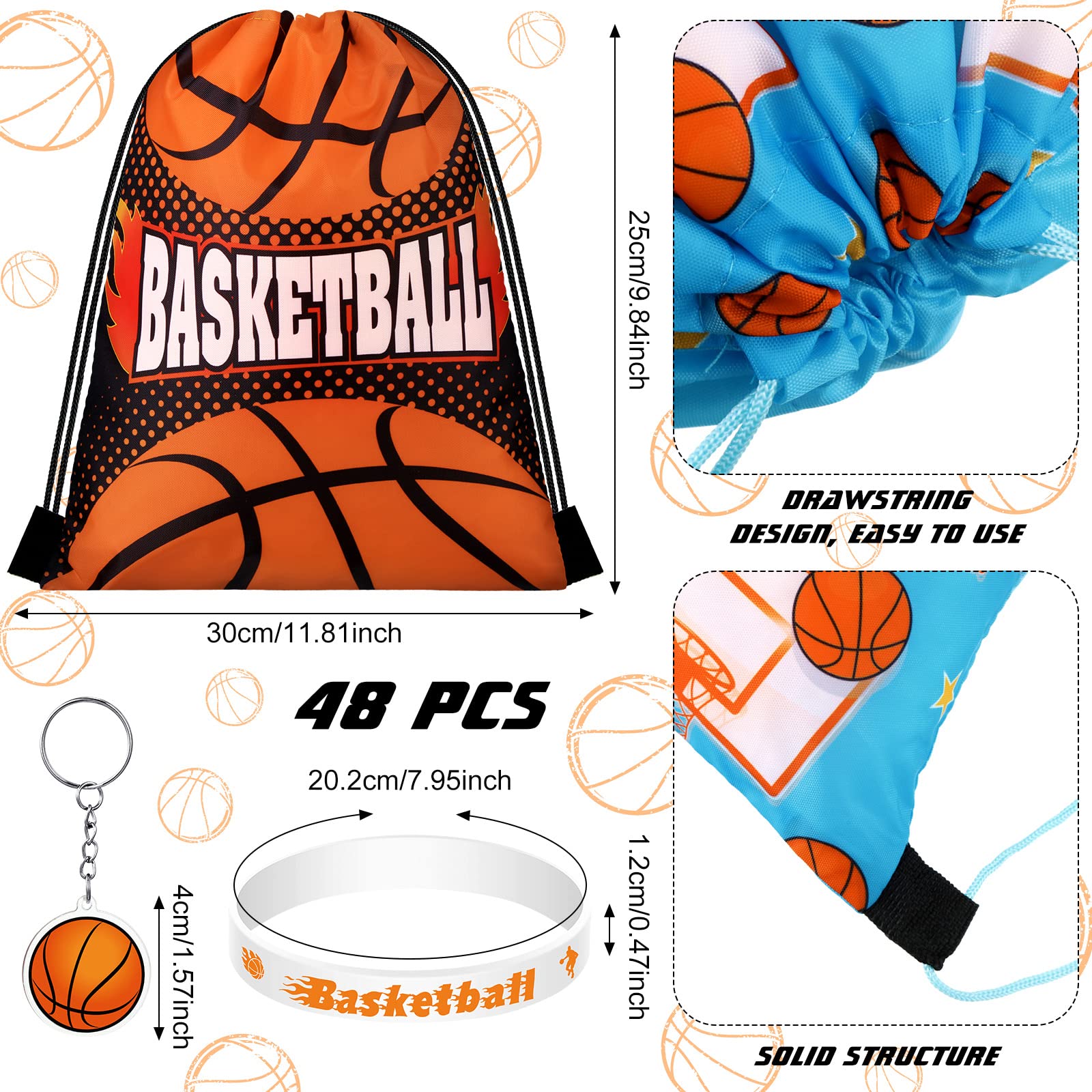 48 Pcs Basketball Party Favors Set - 16 Drawstring Backpacks, 16 Wristbands & 16 Keychains - Sports Team Gifts, Goodie Bags for Basketball Birthday Party Decorations - Perfect for Team Celebrations, Game Day Events & Youth Sports Awards