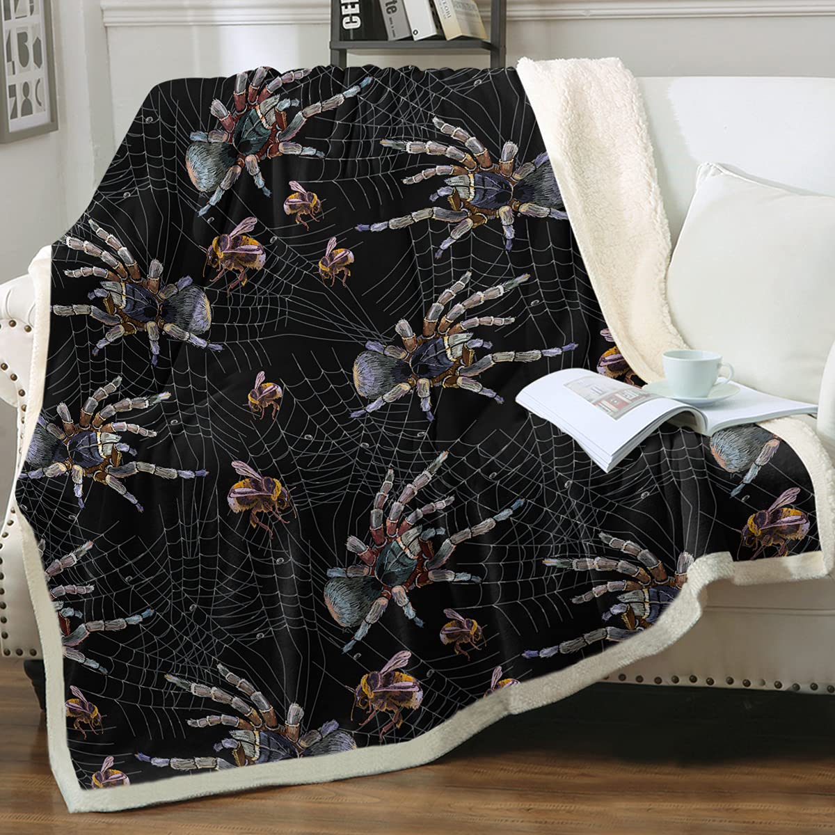 Sleepwish 3D Bumblebee Spider Web Sherpa Fleece Blanket (50x60 inches) - Soft Plush Halloween Throw for Kids, Teens & Adults - Cozy Bed, Couch & Movie Night Blanket