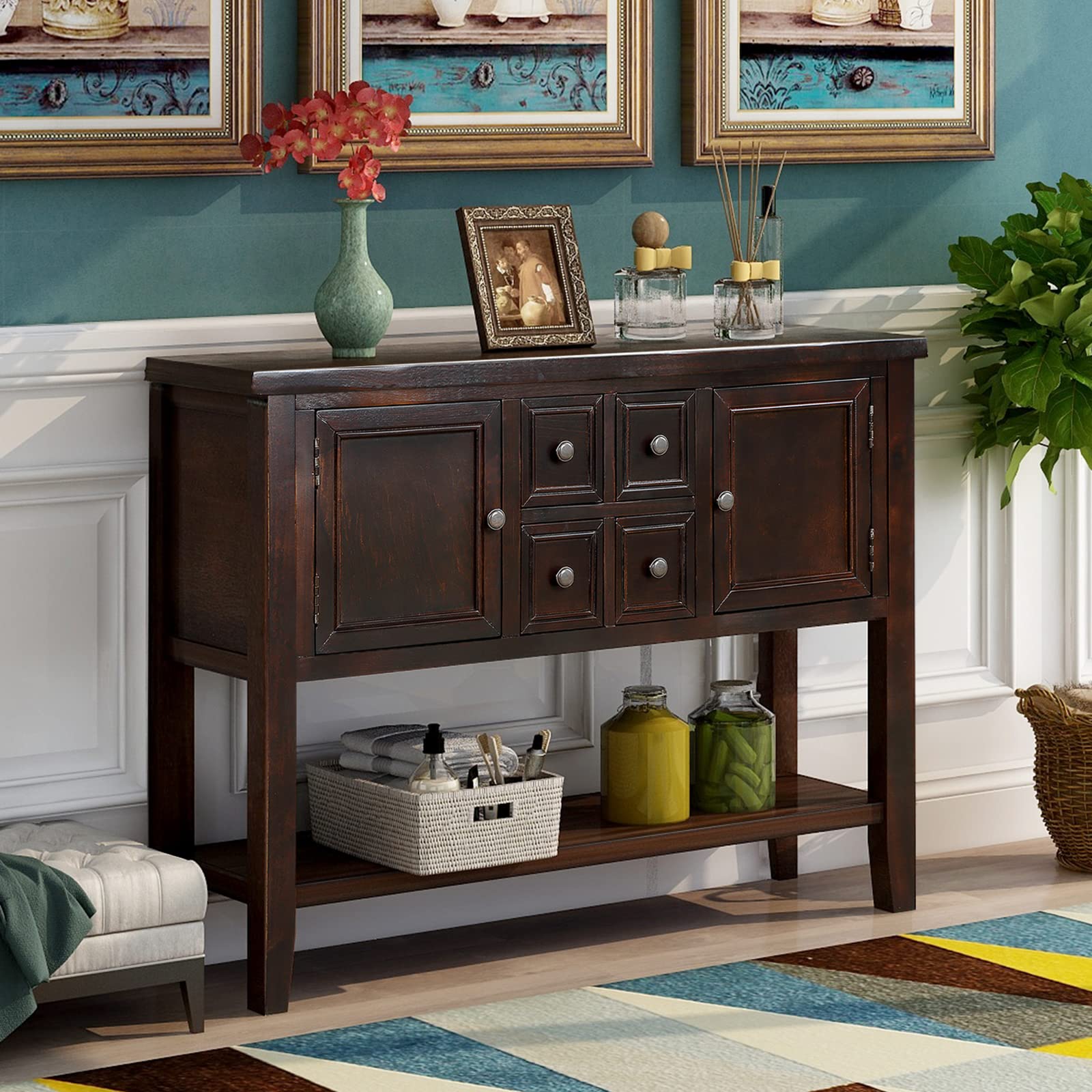 Distressed Buffet Sideboard - Retro Wooden Console Table for Kitchen, Dining & Living Room - Coffee Station & Storage