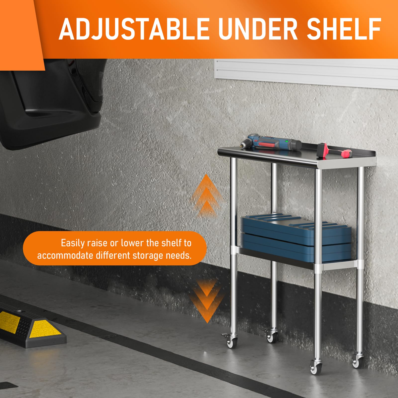 Stainless Steel Prep & Work Table with Adjustable Shelf, Backsplash & Wheels - 14