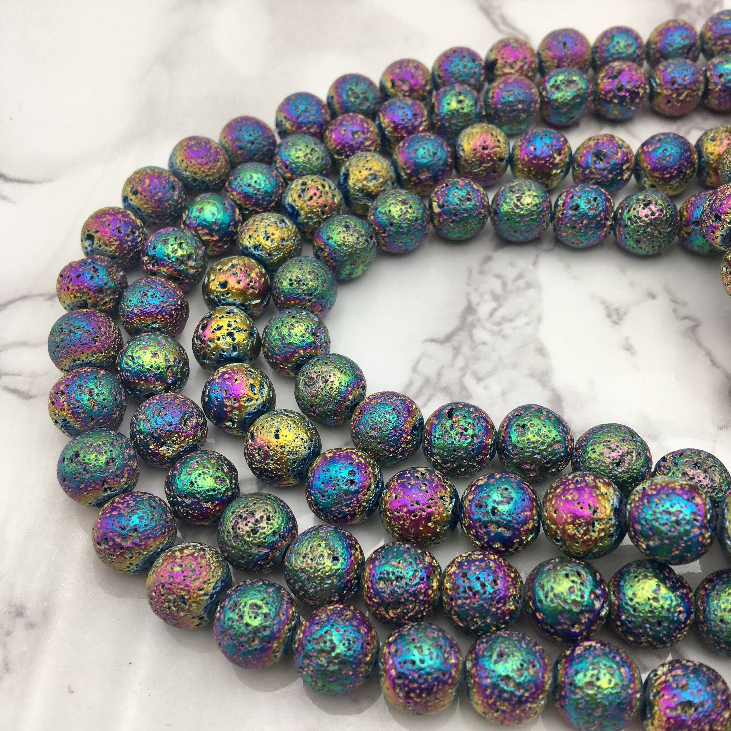 Rainbow Coated Lava Rock Beads - 6mm, 8mm, 10mm, 15.5 Inch Strand - Natural Volcanic Stone for Jewelry Making, DIY Bracelets & Necklaces - Healing Crystal Beads for Meditation & Stress Relief
