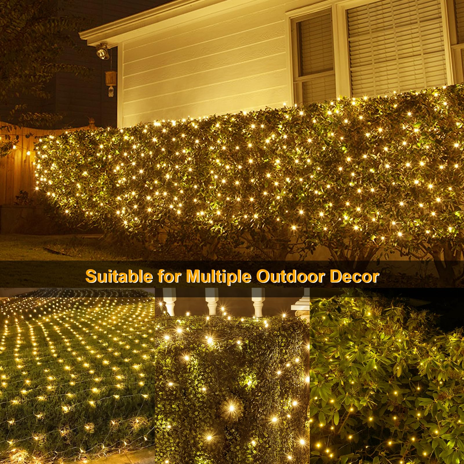 Solar Powered 200 LED 9.8Ft x 6.6Ft Outdoor Net Lights - Dark Green Wire with Auto On/Off & 8 Lighting Modes - Waterproof Mesh Lights for Bushes, Shrubs, Lawn, Garden, Patio, and Holiday Decorations (Warm White)