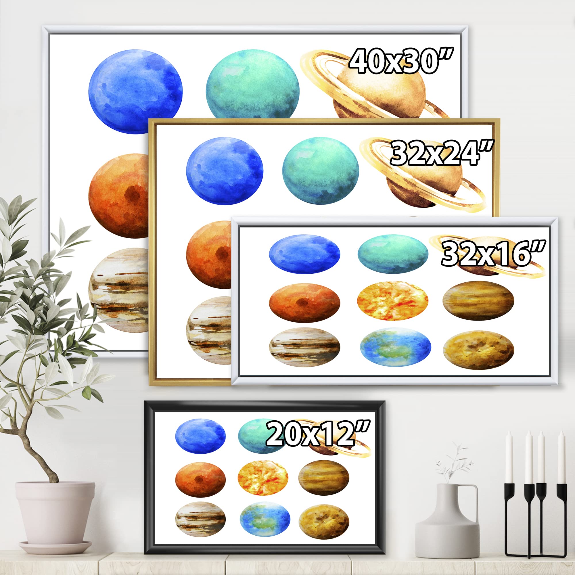 DesignQ Various Planets in Orbit - Modern Framed Canvas Wall Art Print for Living Room, Bedroom & Office Decor | Space-Themed Home Decoration