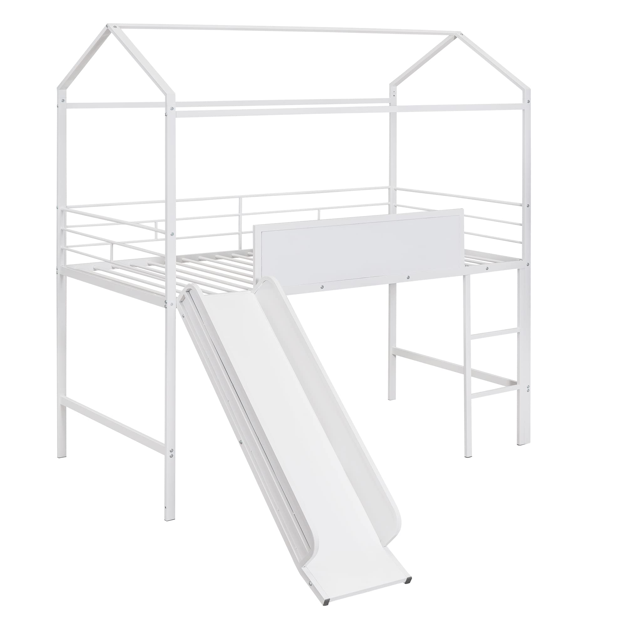 Twin Size Metal Loft Bed with Slide for Kids - Space-Saving Steel House Bed Frame with Writable Wooden Board & Roof - Easy Assembly White Bunk Bed for Boys & Girls Bedroom - Perfect for Small Rooms, Play Areas & Sleepovers