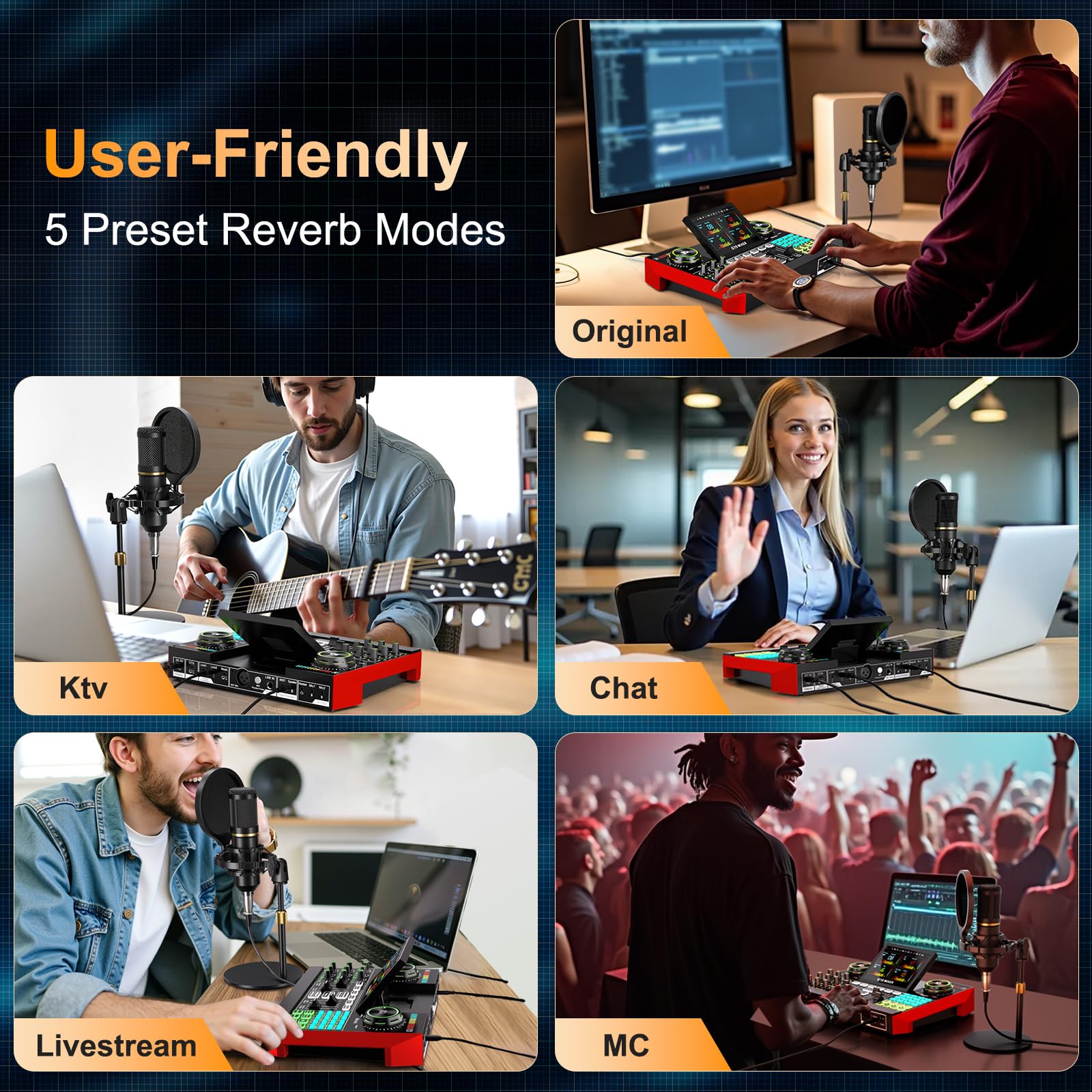 Professional Audio Mixer for PC & Phone - Live Streaming, Gaming, Singing - Compatible with 3.5mm/XLR Dynamic & 48V Microphones - DJ Mixer Effects, Voice Changer, Denoise & One-Click Mute - Perfect for Podcasting, YouTube Streaming & Home Studio Recording