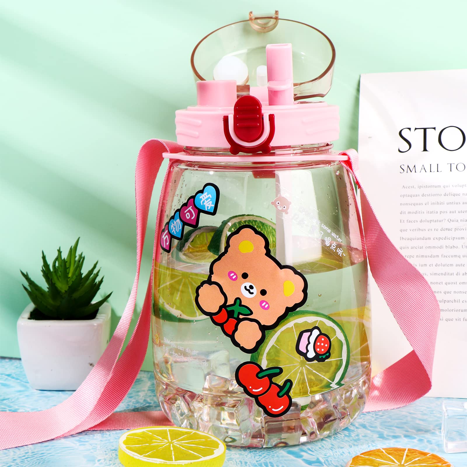 44oz Cute Water Bottle with Straw & Adjustable Strap - Leakproof Kawaii Pot Belly Bottle for Kids & Adults - BPA Free Transparent Juice Jug for School, Gym, Hiking & Outdoor Activities