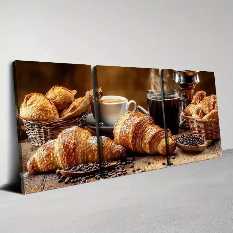 3-Piece Delicious Fashionable Coffee and Croissant Art Set - 50x70cm Framed Canvas Wall Decor | High Quality Print | 100% Australian Made | Ready to Hang | Perfect for Kitchen, Cafe & Dining Room Decor