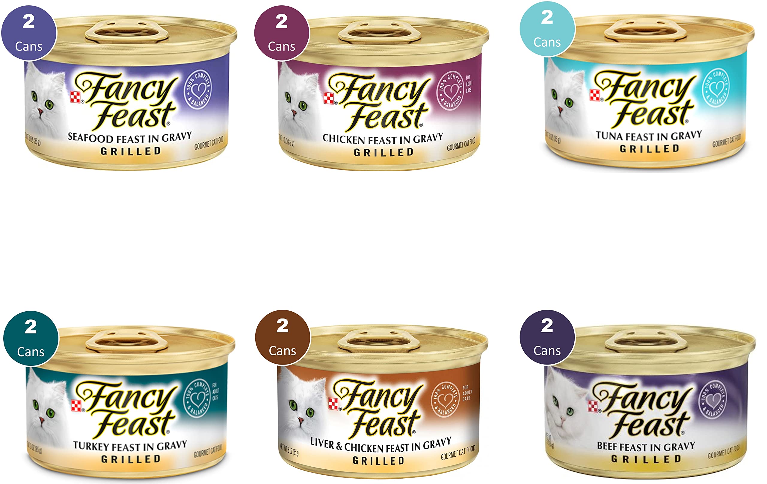Premium Grilled Wet Canned Cat Food Variety Pack - 12 Cans (2 Seafood, 2 Chicken, 2 Tuna, 2 Turkey, 2 Liver & Chicken, 2 Beef) with Free Nutrition Guide - Perfect for Adult Cats' Daily Meals, Travel & Emergency Food Supply