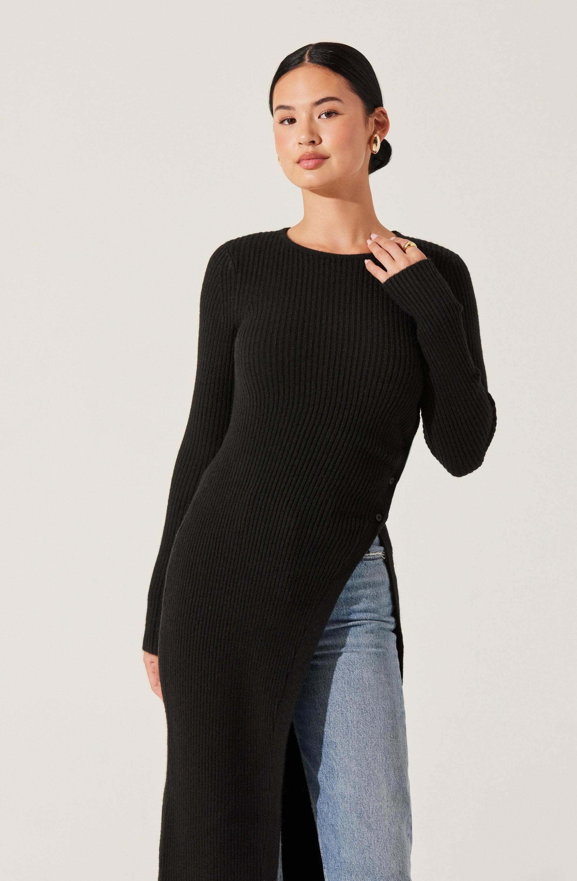 Stylish Ribbed High Slit Button Sweater for Women - Cozy Knit Pullover for Fall & Winter - Perfect for Casual Outings, Office Wear, and Date Nights
