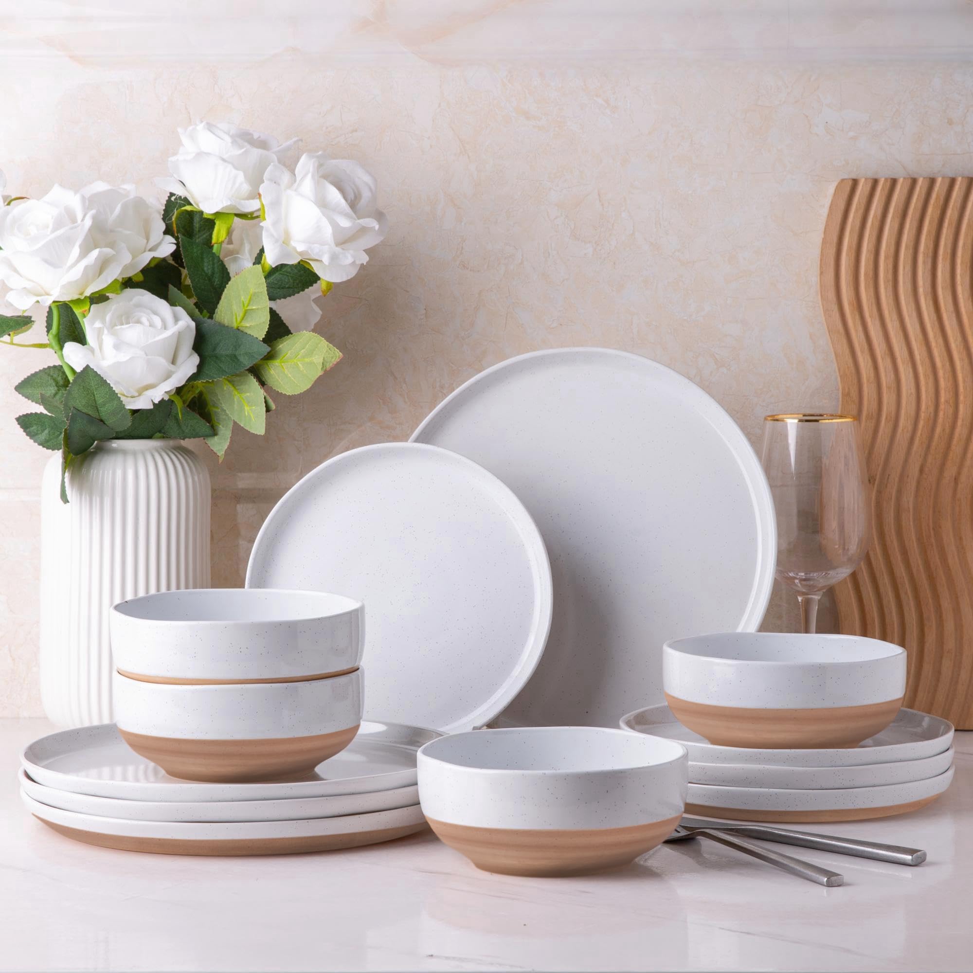 AmorArc 12-Piece Ceramic Dinnerware Set for 4 - Hand-Painted Stoneware Plates & Bowls with Rustic Terracotta Underside, Scratch Resistant, Dishwasher & Microwave Safe, White - Perfect for Family Dinners, Entertaining Guests, and Everyday Use