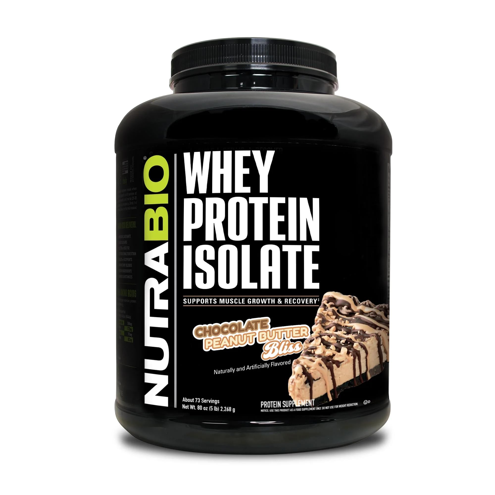NutraBio Whey Protein Isolate Powder - 25g Protein per Scoop, Complete Amino Acid Profile, Soy & Gluten Free, Non-GMO, No Fillers - Chocolate Peanut Butter Flavor (5 Lbs) - Perfect for Post-Workout Recovery & Muscle Building