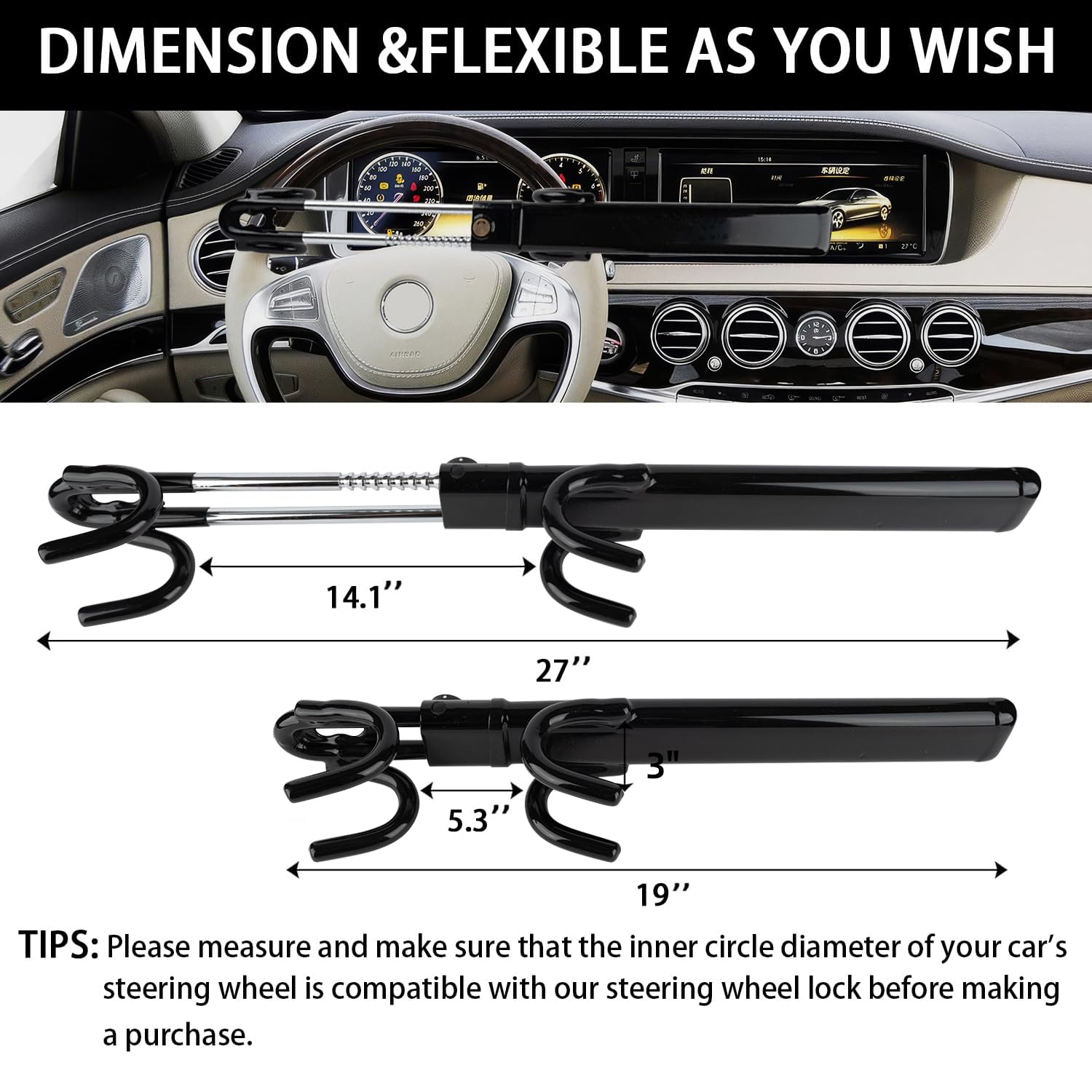 Universal Car Steering Wheel Lock - Adjustable Anti-Theft Device with Double Hooks for Cars, SUVs, Pickup Trucks & Vans (Black) | Secure Parking & Theft Protection for Urban Areas & Road Trips