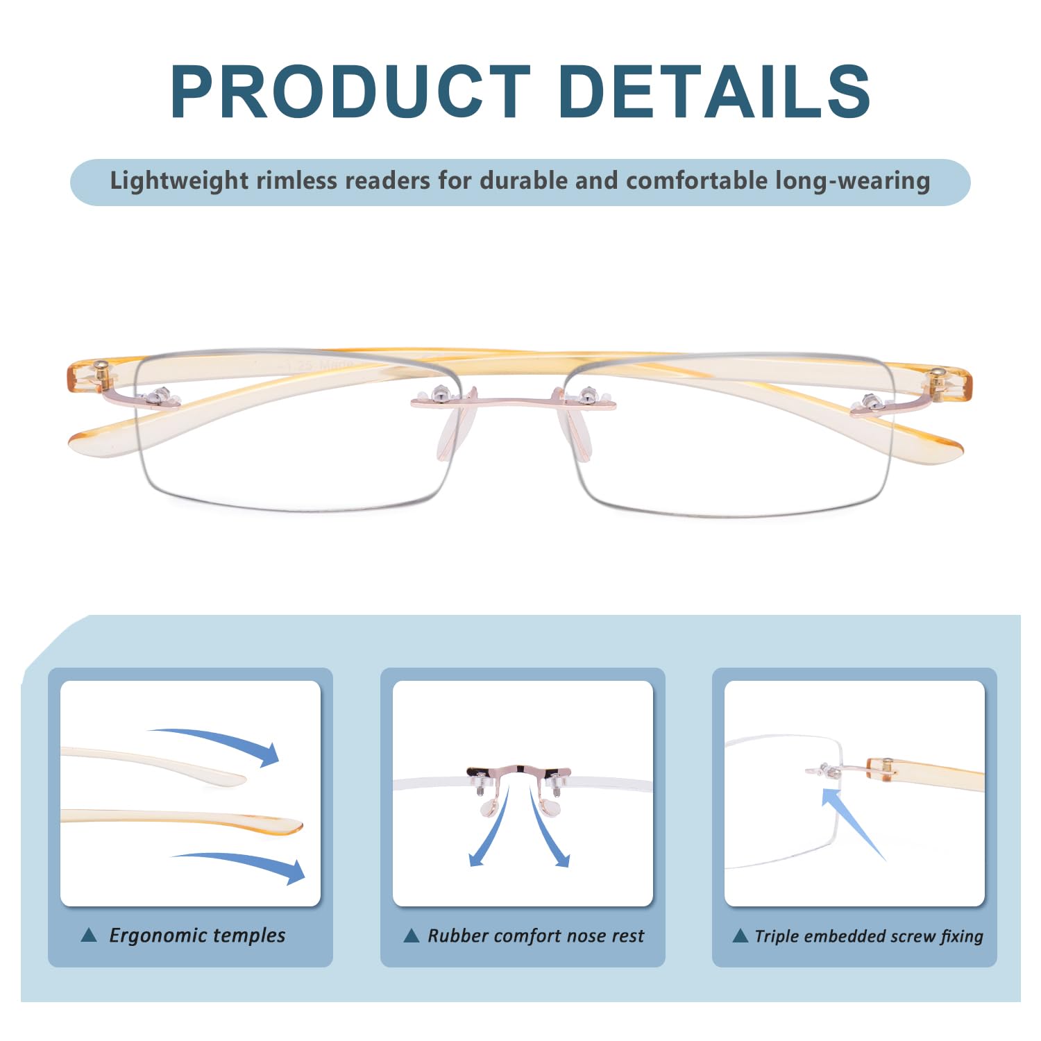 BLUELESS Rimless Reading Glasses for Men & Women - Small Frame Readers in Yellow - Perfect for Reading, Computer Use & Daily Activities