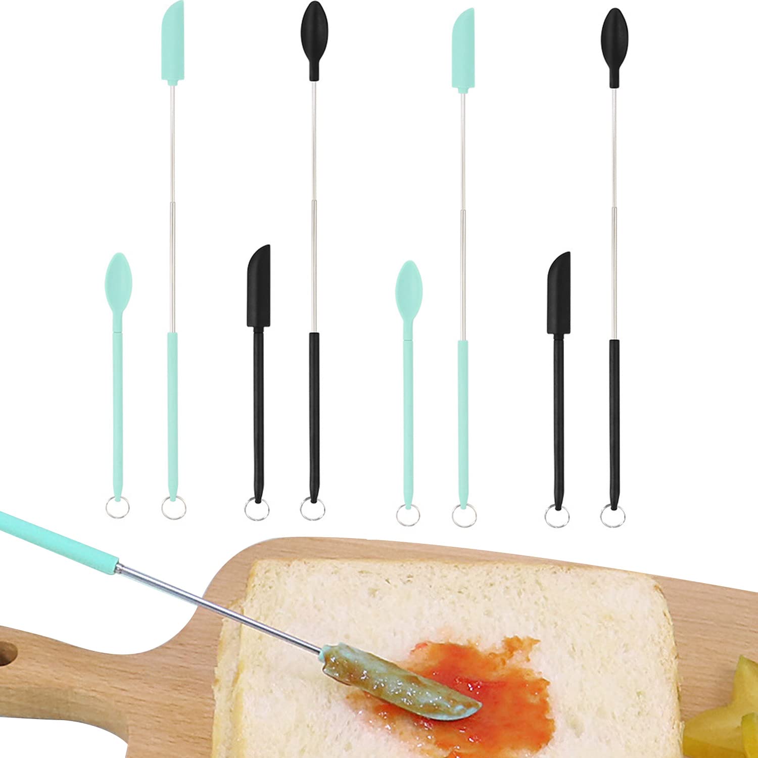 4Pcs Mini Silicone Telescopic Spatula Set - Heat-Resistant Kitchen & Makeup Spatulas with Hanging Buckle for Cooking, Baking, Cosmetic Application - Perfect for Home Kitchen & Beauty Routine (Black + Green)