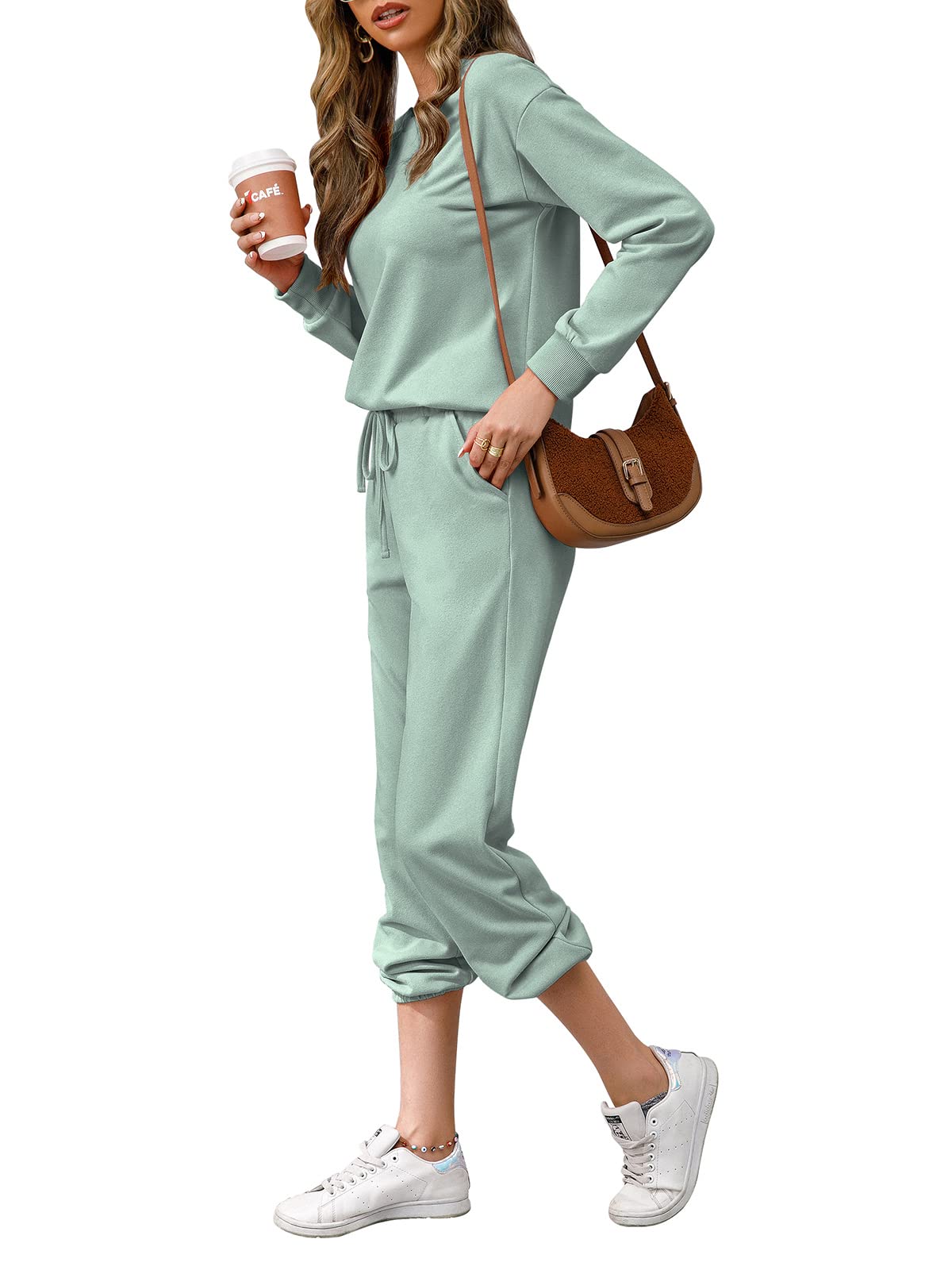 REORIA Women's Long Sleeve Crewneck Solid Color Hoodie & Jogger Tracksuit Set - Casual Two Piece Outfit for Lounge, Workout, and Streetwear Fashion