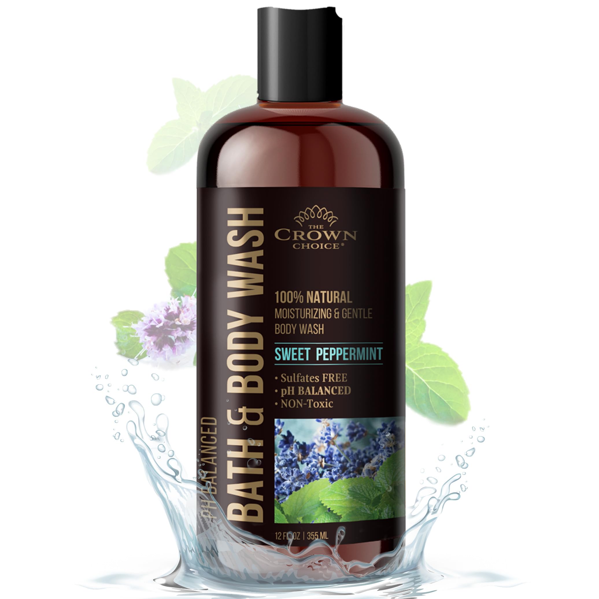 Natural Peppermint & Lavender Body Wash for Women, Men & Kids - pH 5.5 Balanced Shower Gel - Sulfate-Free, Chemical-Free Moisturizing Liquid Soap for All Skin Types (12oz) - Perfect for Daily Shower, Bath Time & Sensitive Skin Care