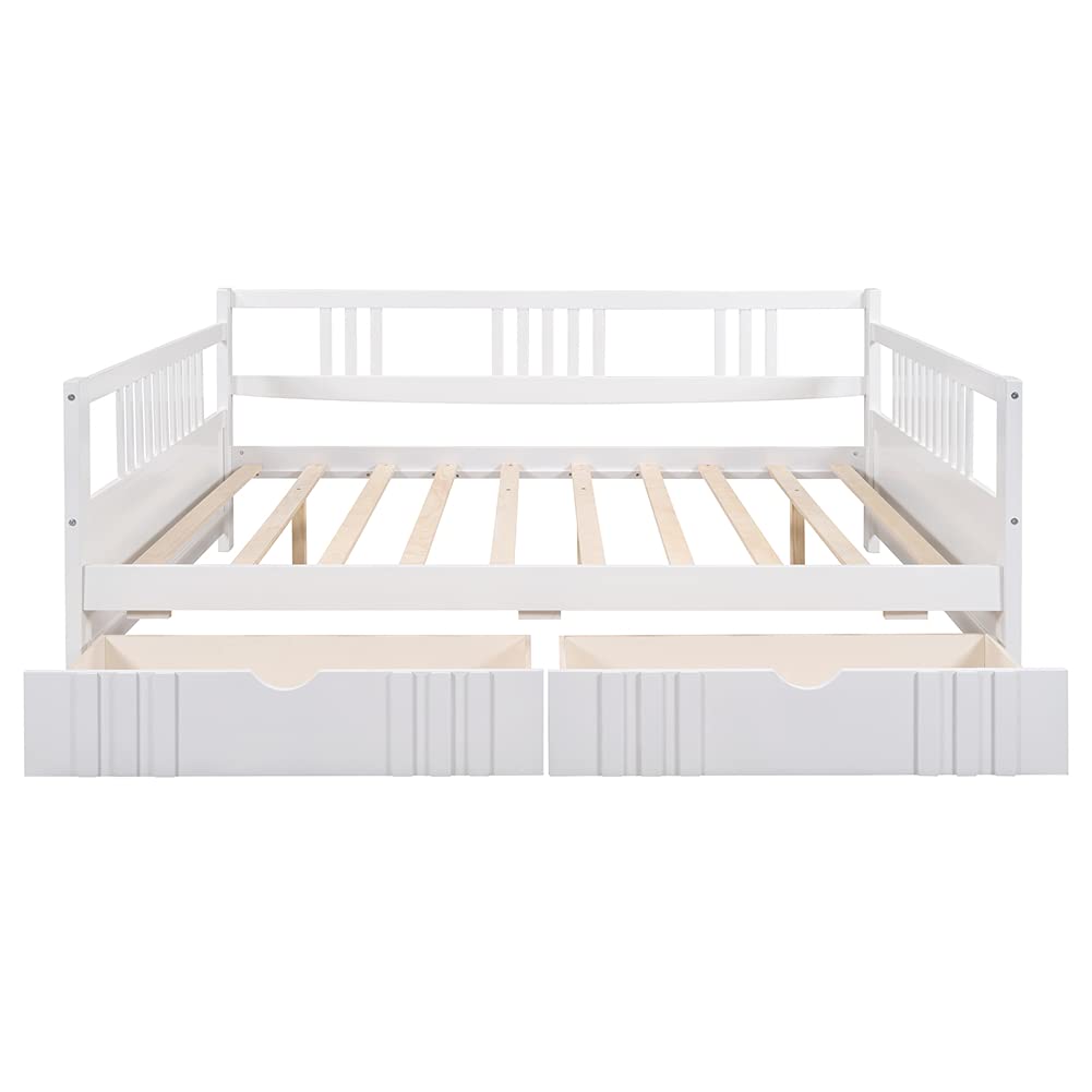 **White Pinewood Daybed Sofa Bed with Guardrails & Storage Drawers – Convertible Kids Furniture for Bedroom, Playroom & Guest Room**    (Note: This optimized title includes keywords like 