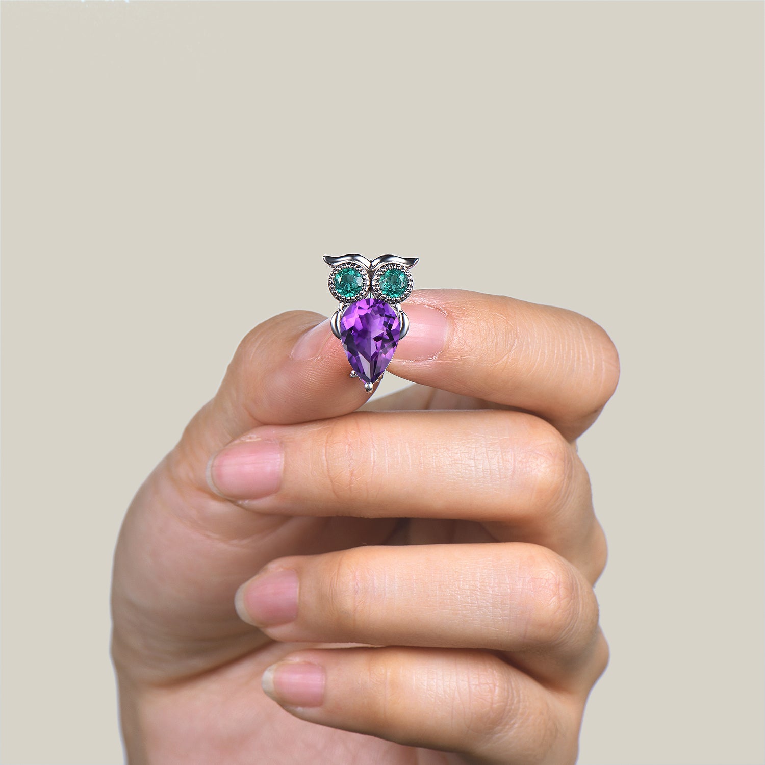 Natural Amethyst Teardrop Cut Round Emerald Owl Brooch in White Gold - Elegant Jewelry Gift for Women, Perfect for Weddings & Special Occasions