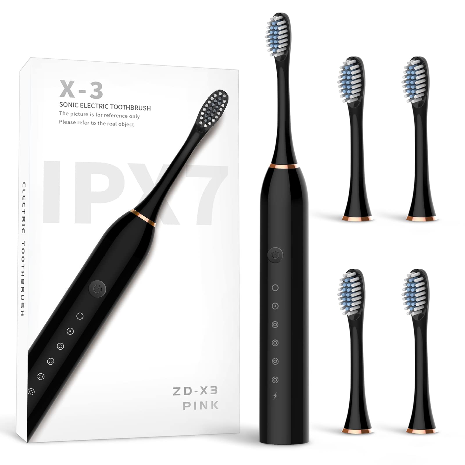 Sonic Electric Toothbrush - USB Rechargeable Ultrasonic Toothbrush with 4 Brush Heads, 6 Cleaning Modes & Smart Timer - IPX7 Waterproof for Adults (Black) - Perfect for Travel, Home & Daily Oral Care