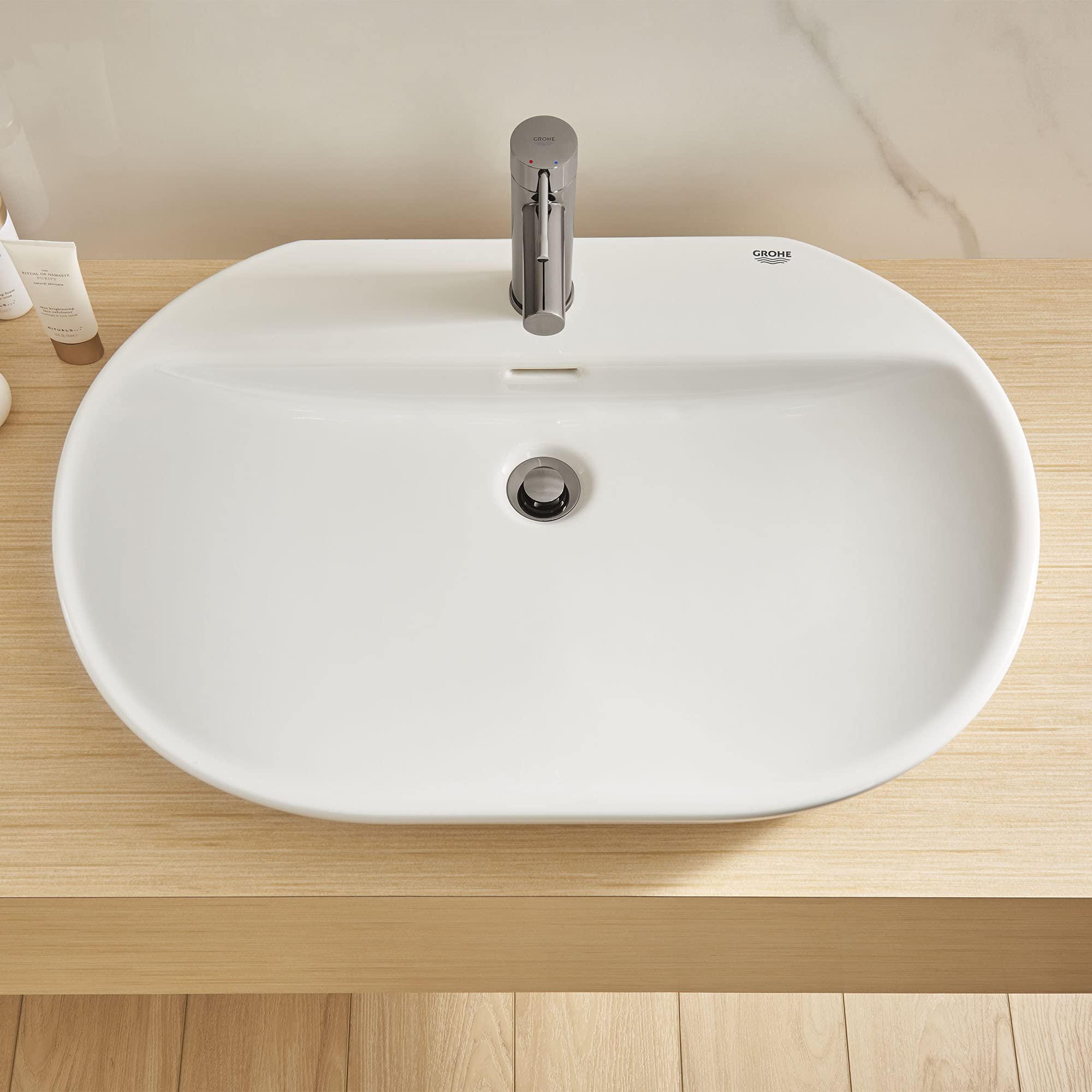 GROHE 39669000 Essence Bathroom Sink Faucet - Alpine White Finish - Single Handle Waterfall Spout for Modern Bathroom & Powder Room Renovation