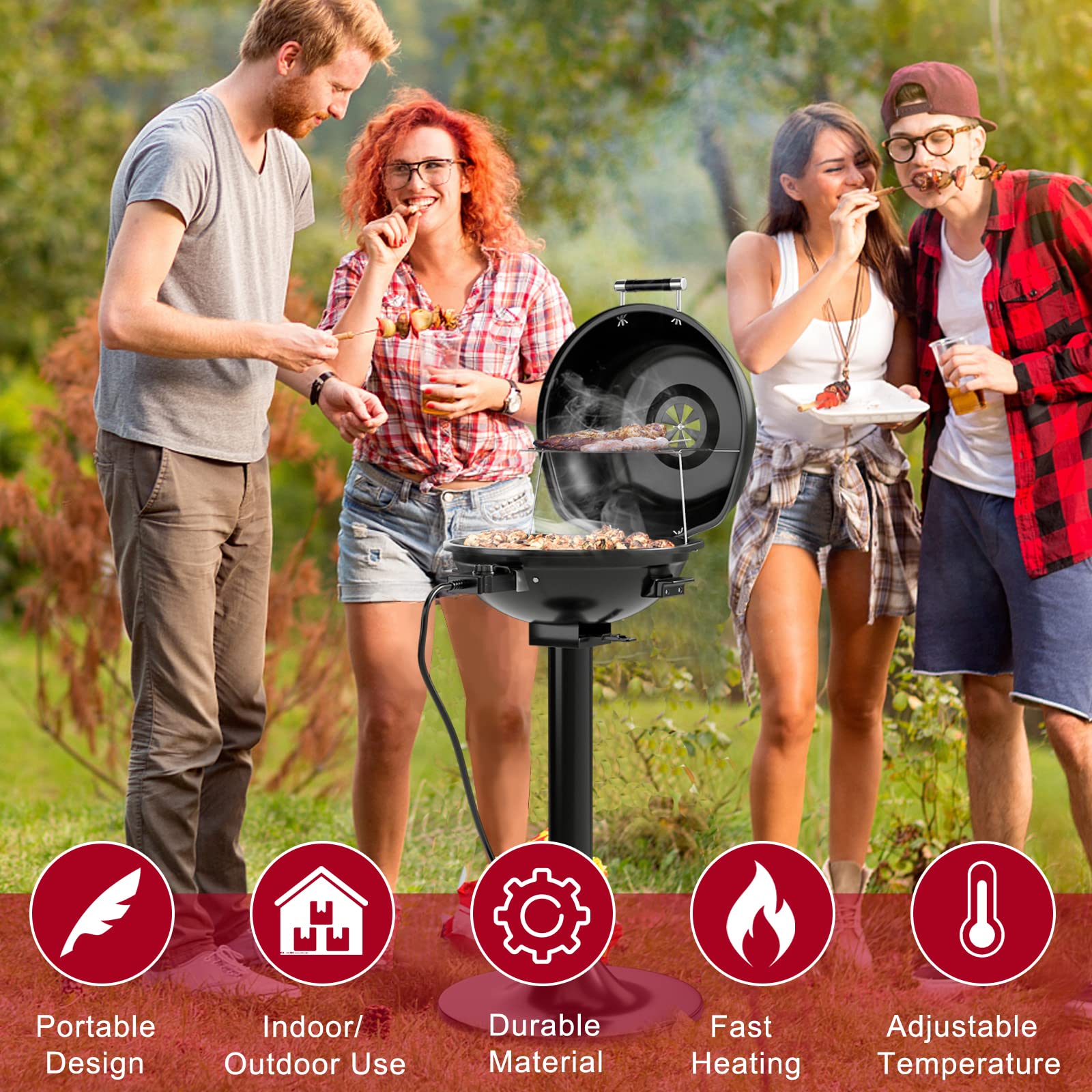 Giantex 1600W Electric BBQ Grill with Removable Non-Stick Grill Rack, Warming Rack & Oil Drip Tray - Adjustable Temperature Portable Outdoor Grill for Camping, Picnics, Tailgating, Backyard & Patio Parties - Black