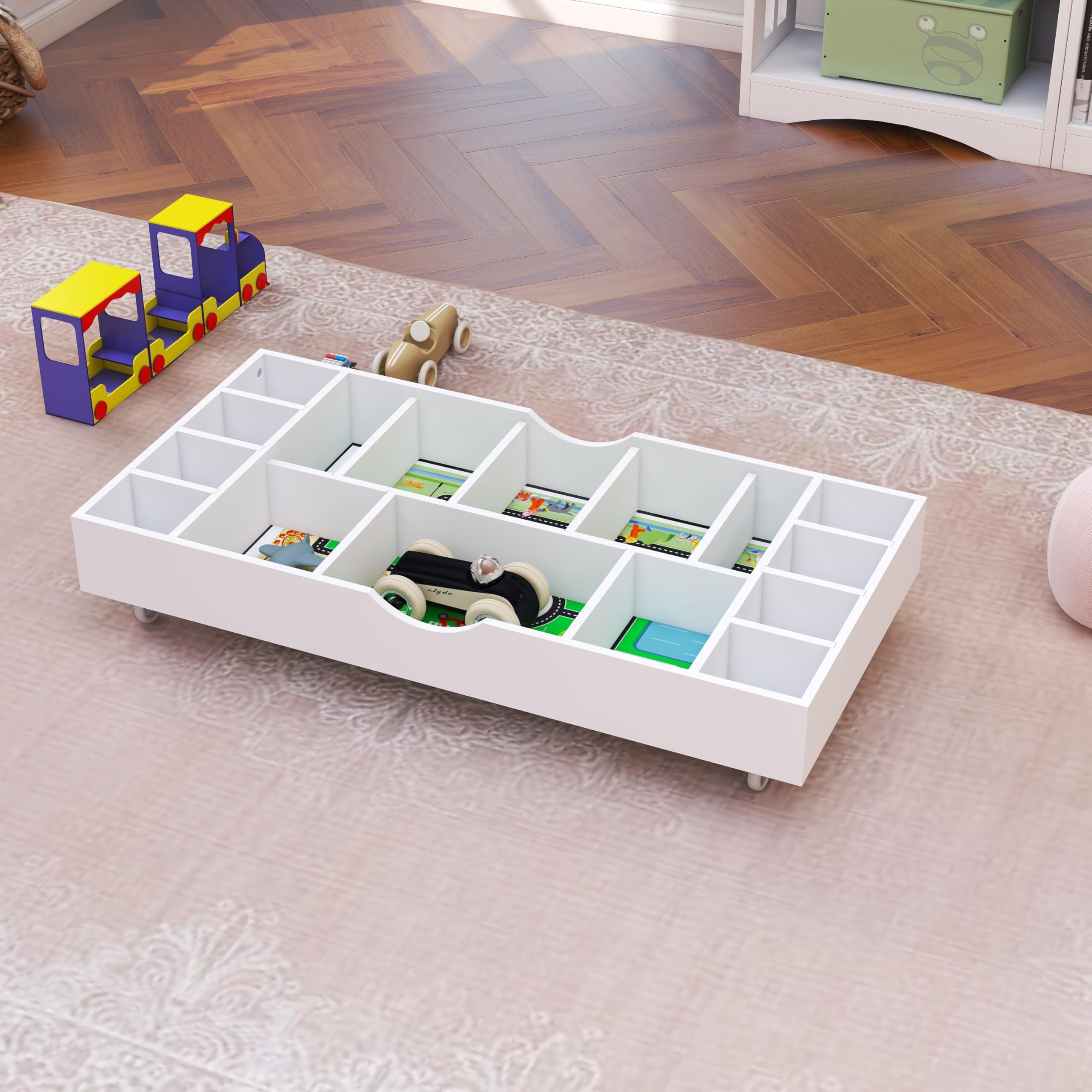 2-in-1 Wooden Kids Activity Table with Storage & Wheels - Play Table with Block Board, Rolling Construction Game Table - Fits Under Sofa (White) - Perfect for Playrooms, Daycares & Small Spaces
