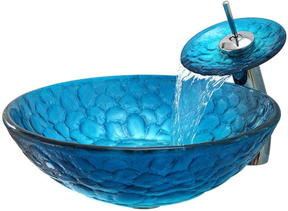 SAZAO Modern Waterfall Bathroom Faucet with Tempered Glass Vessel Sink - Round Above Counter Vanity Basin with Pop-Up Drain - Perfect for Contemporary Home & Luxury Hotel Bathroom Renovations