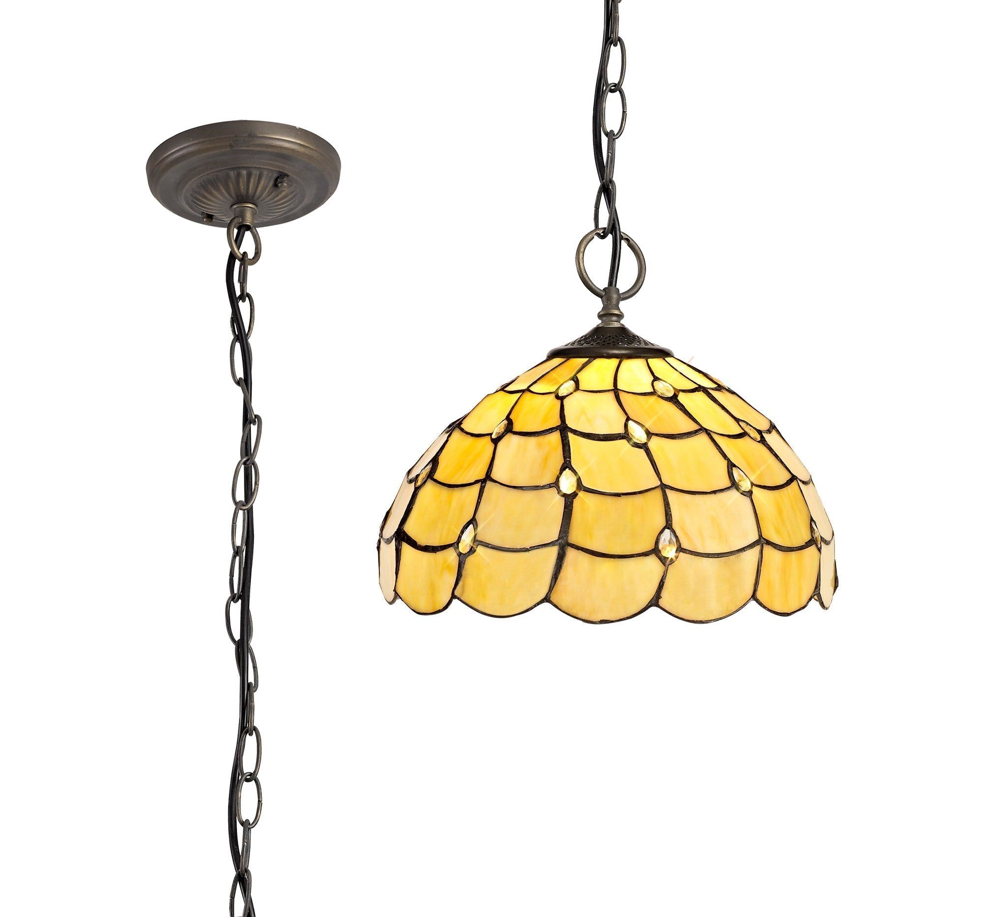 E27 Aero 3 Light Downlighter Pendant with 30cm Tiffany Shade in Beige, Clear Crystal & Antique Brass - Perfect for Dining Room, Kitchen Island, and Entryway Lighting