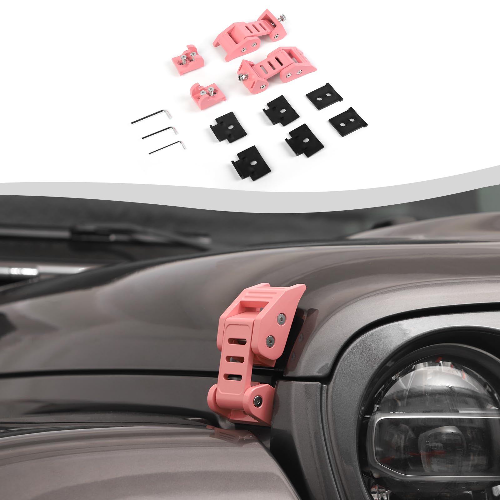 Stainless Steel Hood Latch Kit for 2007-2018 Jeep Wrangler JK/JKU & 2018-2025 JL/JLU/Gladiator JT - Pink Exterior Accessories - Secure Off-Roading & Daily Driving Protection