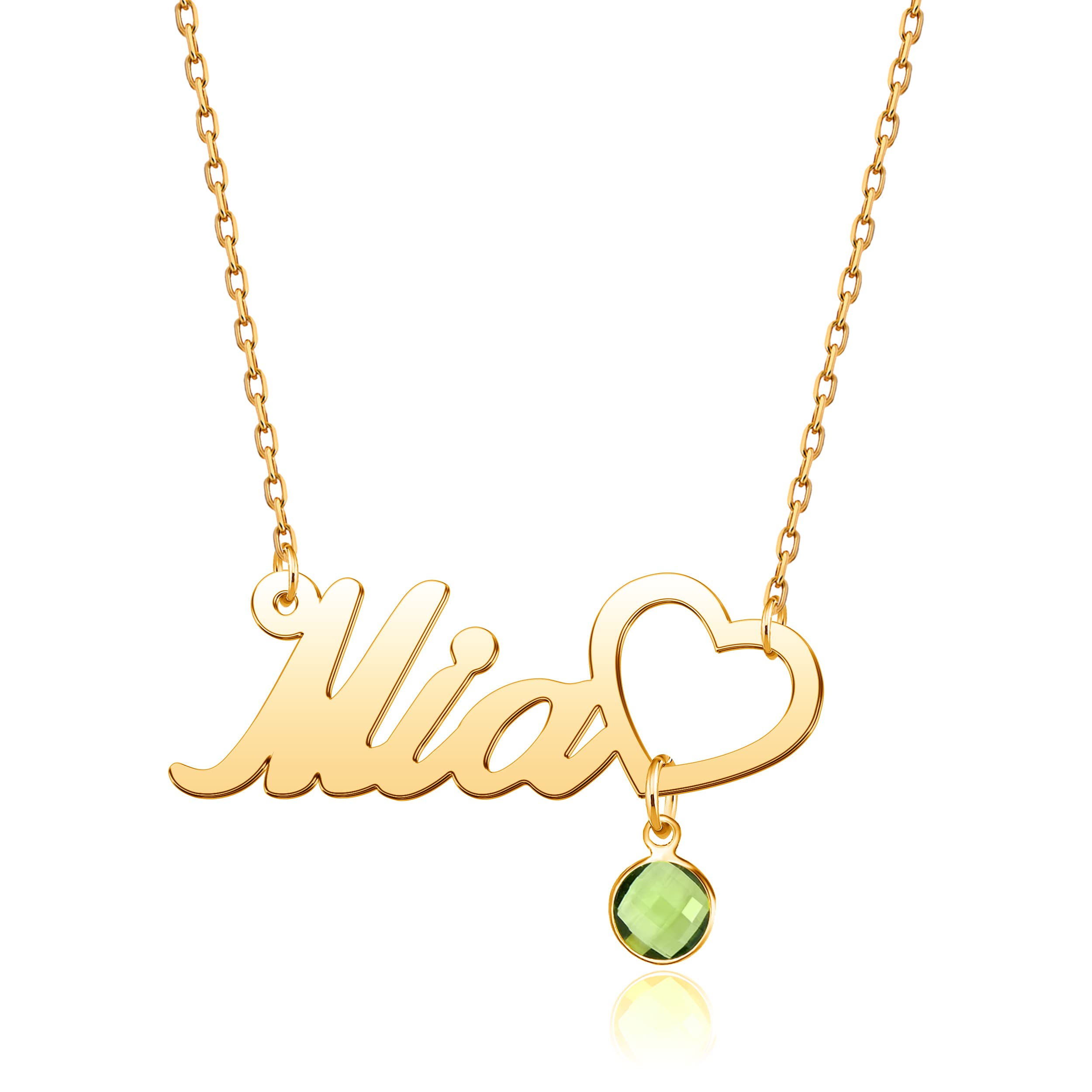 Personalized Name Necklace with Heart Birthstone - Custom Gold Name Plate Jewelry for Women - Perfect Gift for Birthday, Anniversary & Valentine's Day