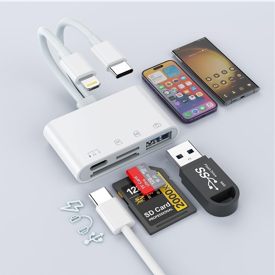 4-in-1 USB C & Lightning Card Reader - SD/TF Memory Card Adapter for iPhone 15/14/13, iPad, MacBook & Windows Laptops | Dual Connector OTG Card Reader for Digital Cameras & Photography | Supports Fast Charging & File Transfer