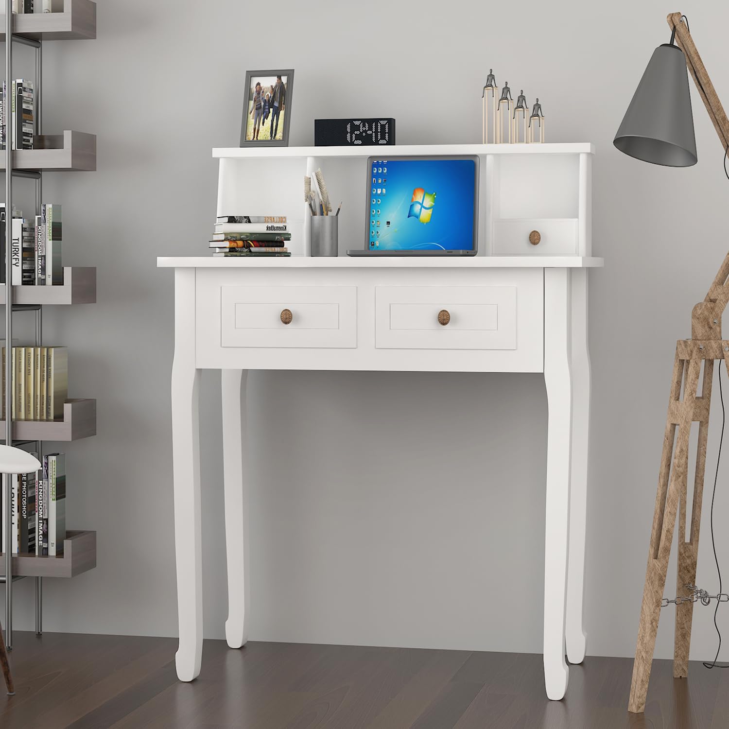 DMAITH 32 Inch Small Writing Desk with Hutch & Drawers - Compact Home Office Desk, Study Table, Computer Desk for Students, Space-Saving Vanity Makeup Dressing Table - Perfect for Bedroom, Dorm, Apartment (White)