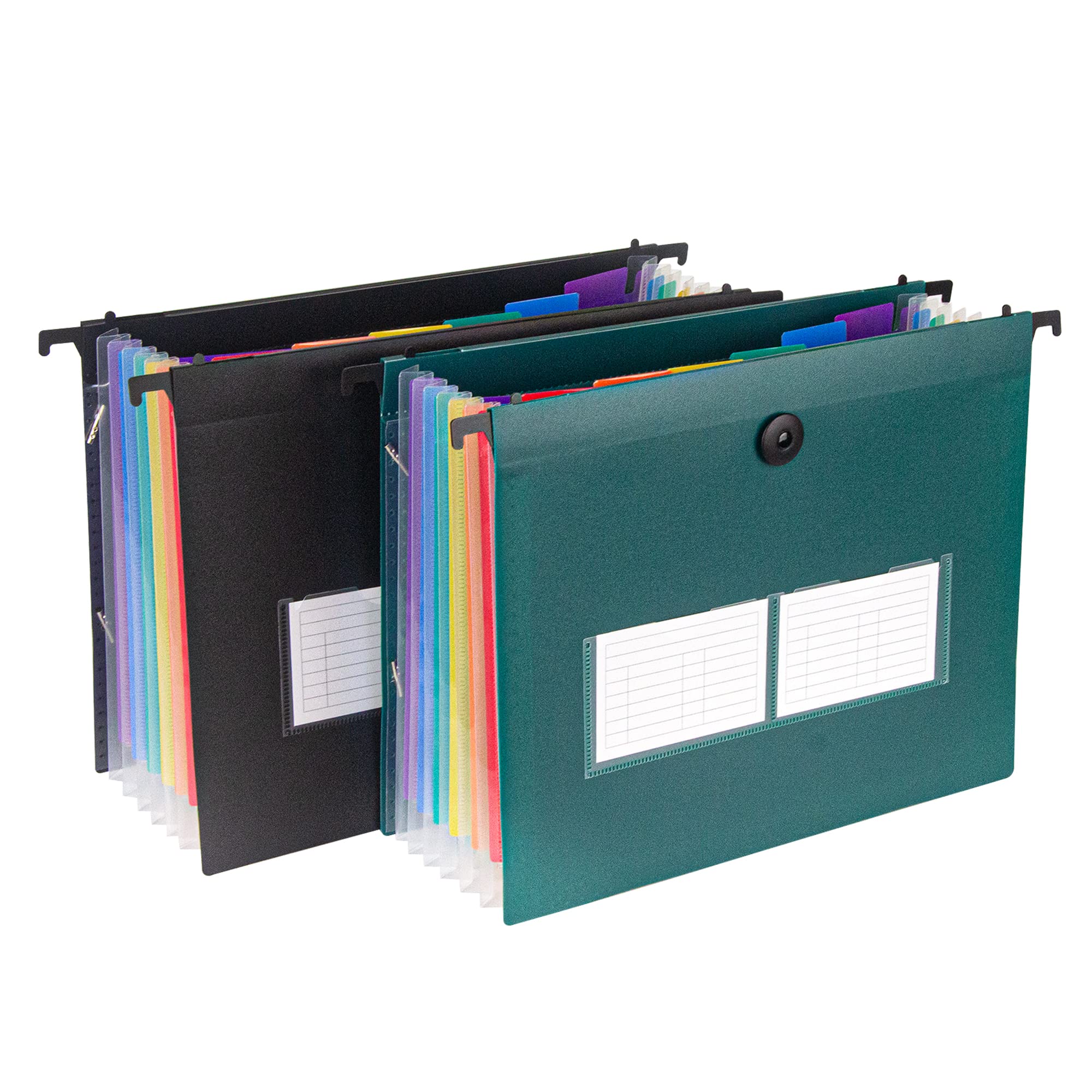 Plastic Hanging File Folders Set - 2 Pack (14 Pockets) Letter Size with Retractable Hooks, Expandable Waterproof File Organizer for Office, Home, Filing Cabinet - Black & Green for Documents, Receipts, Bills Organization