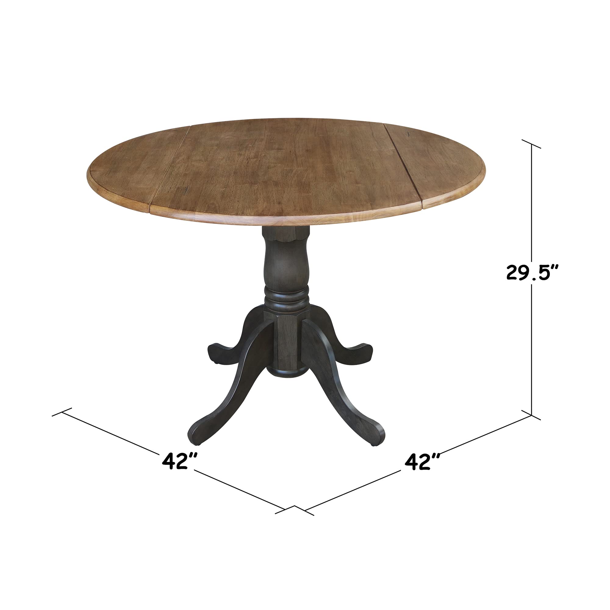 42 Inch Dual Drop Leaf Dining Table - Solid Hickory & Washed Coal Finish - Expandable Space-Saving Design for Small Kitchens, Apartments, and Dining Rooms