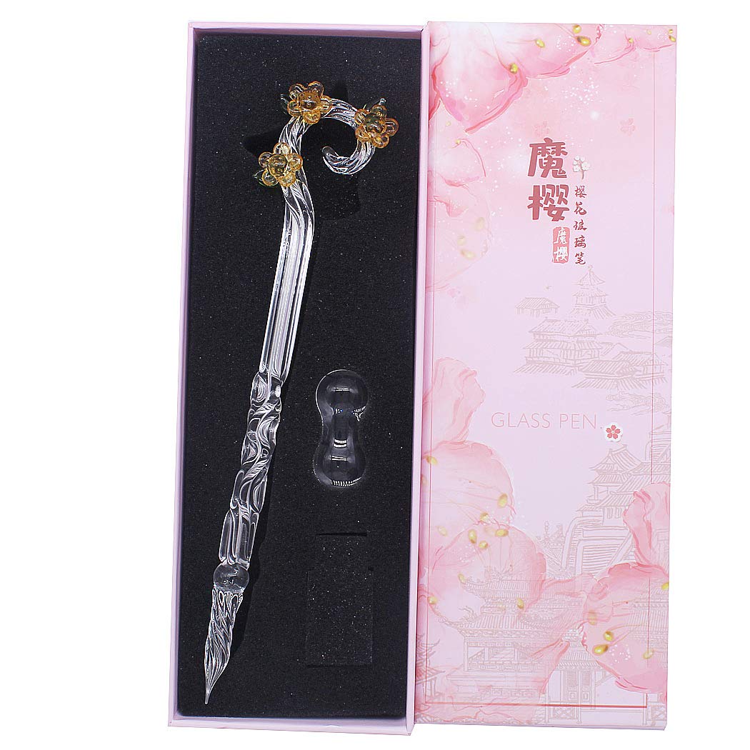 Handmade Glass Dip Pen with Magic Sakura Design - Crystal Calligraphy Pen for Ink Writing, Gold Plated Nib - Perfect Gift for Artists, Writers & Pen Enthusiasts - Ideal for Lettering, Journaling & Creative Writing