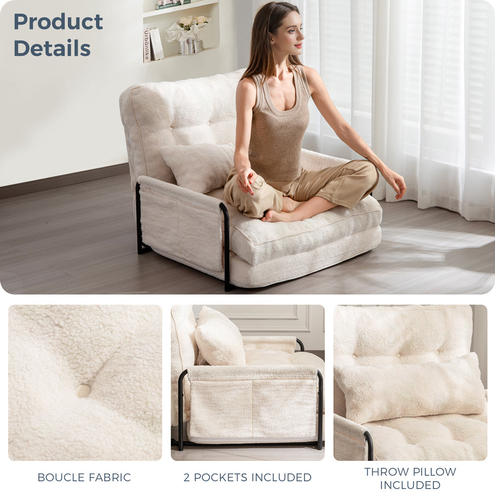 MAXYOYO Adjustable Floor Sofa Couch with Pillow - Boucle Convertible Lazy Sofa Sleeper Bed with Armrest - Single Size Beige - Perfect for Small Spaces, Living Rooms & Guest Beds