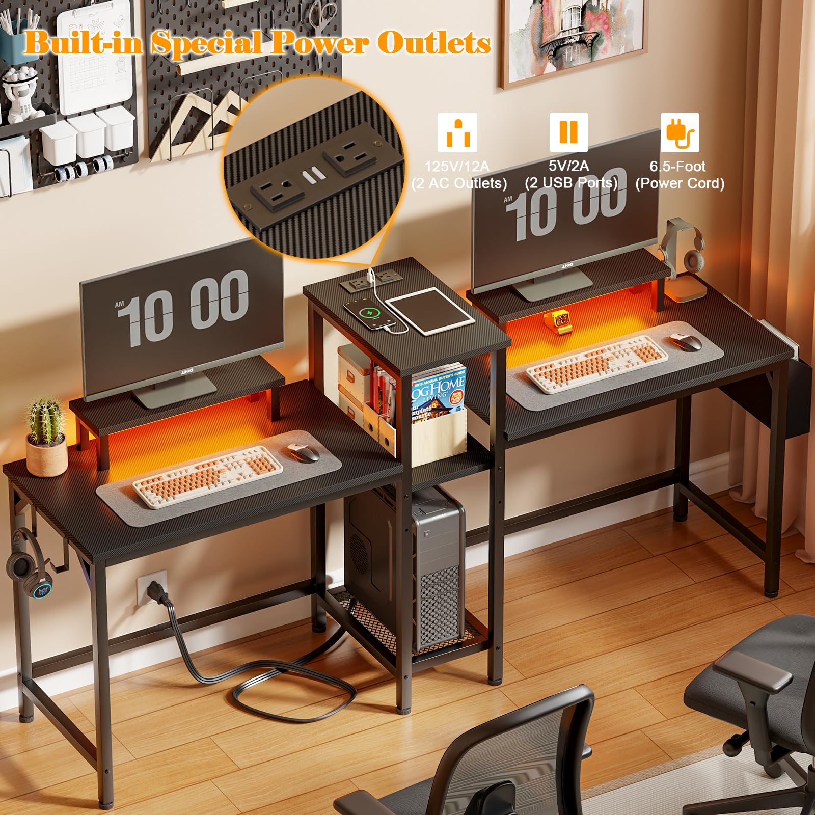 Furologee 71 Inch LED Gaming Desk for 2 Players - Dual Computer Desk with Power Outlets, Monitor Stand, Storage Bag & Headphone Hooks - Perfect for Home Office, Study & Writing | Ideal for Gamers, Remote Work & Small Spaces (Black)