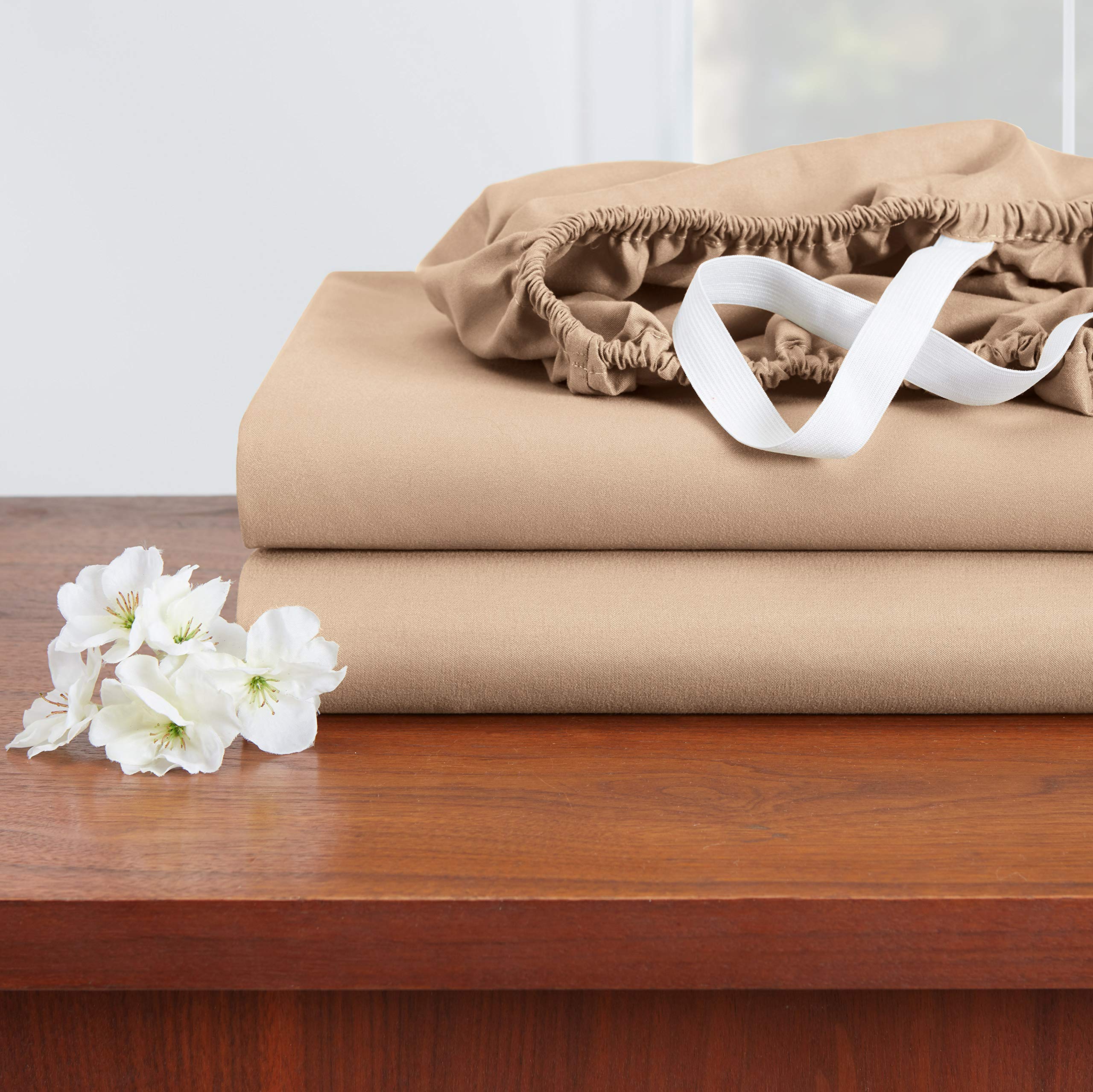 Empyrean California King Sheet Set - 4 PC Ultra Soft Double Brushed Microfiber Bed Sheets in Taupe Sand | Hotel Luxury Deep Pocket Fitted Sheet with 4 Corner Elastic Straps | Perfect for Master Bedroom, Guest Room & Vacation Homes